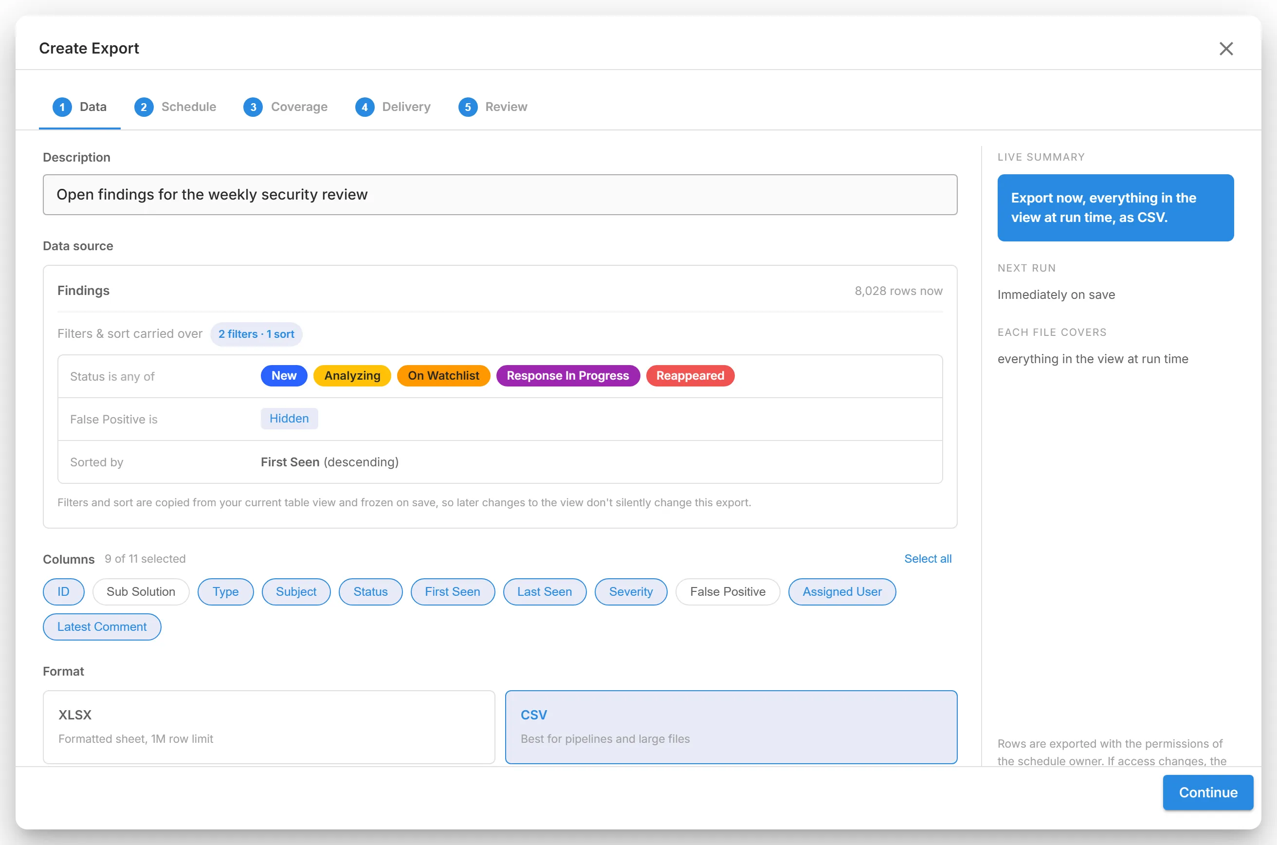 The "Data" step of "Create Export" with a description entered, the columns to export, and "CSV" chosen under "Format".
