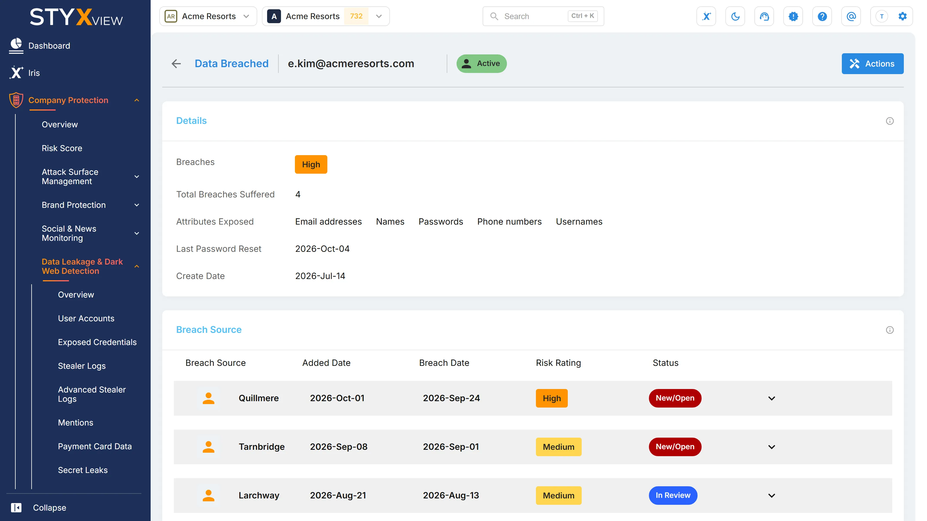 The "Data Breached" page of one email address, with "Details" showing its highest severity, total breaches, and exposed attributes, above "Breach Source".