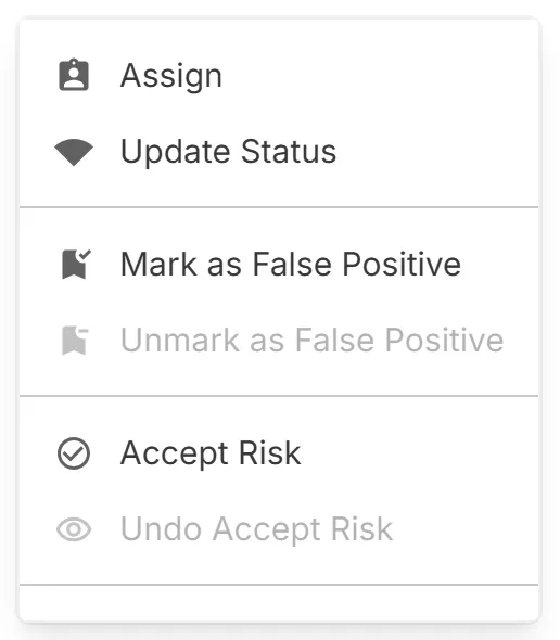 The "Actions" menu of a finding, with "Assign", "Update Status", and the marks and requests that apply to its type.