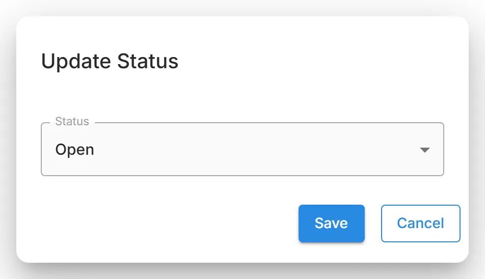 The "Update Status" dialog for the selected alerts, where you choose the new "Status" before selecting "Save".