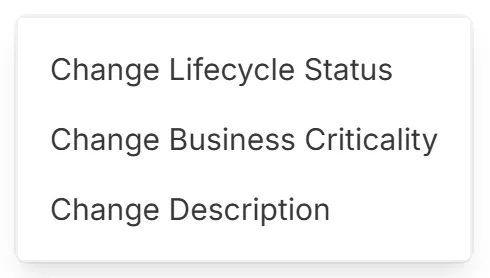 The "Actions" menu on a third party's dashboard, with "Change Lifecycle Status", "Change Business Criticality", and "Change Description".