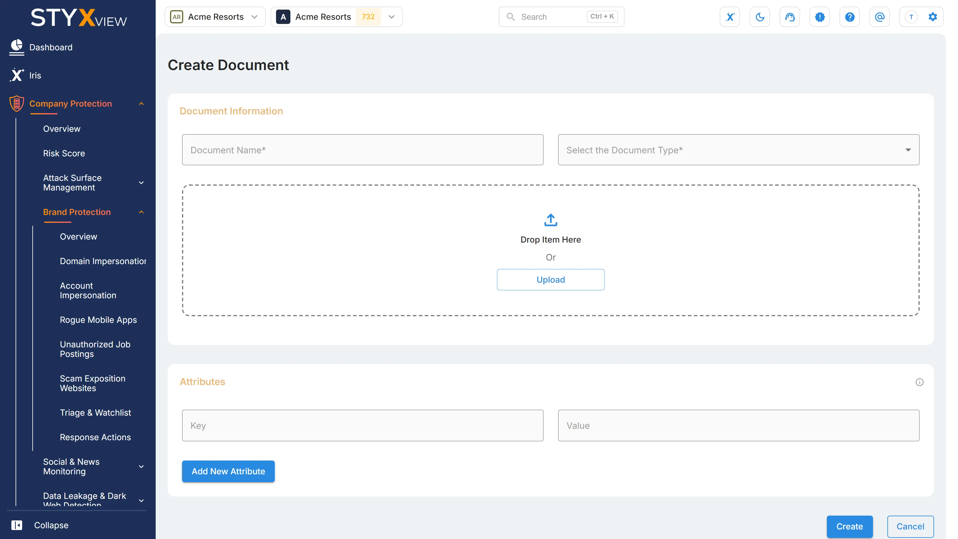 The "Create Document" form that "Add Document" opens, with "Document Name", "Select the Document Type", and "Attributes" with "Add New Attribute".