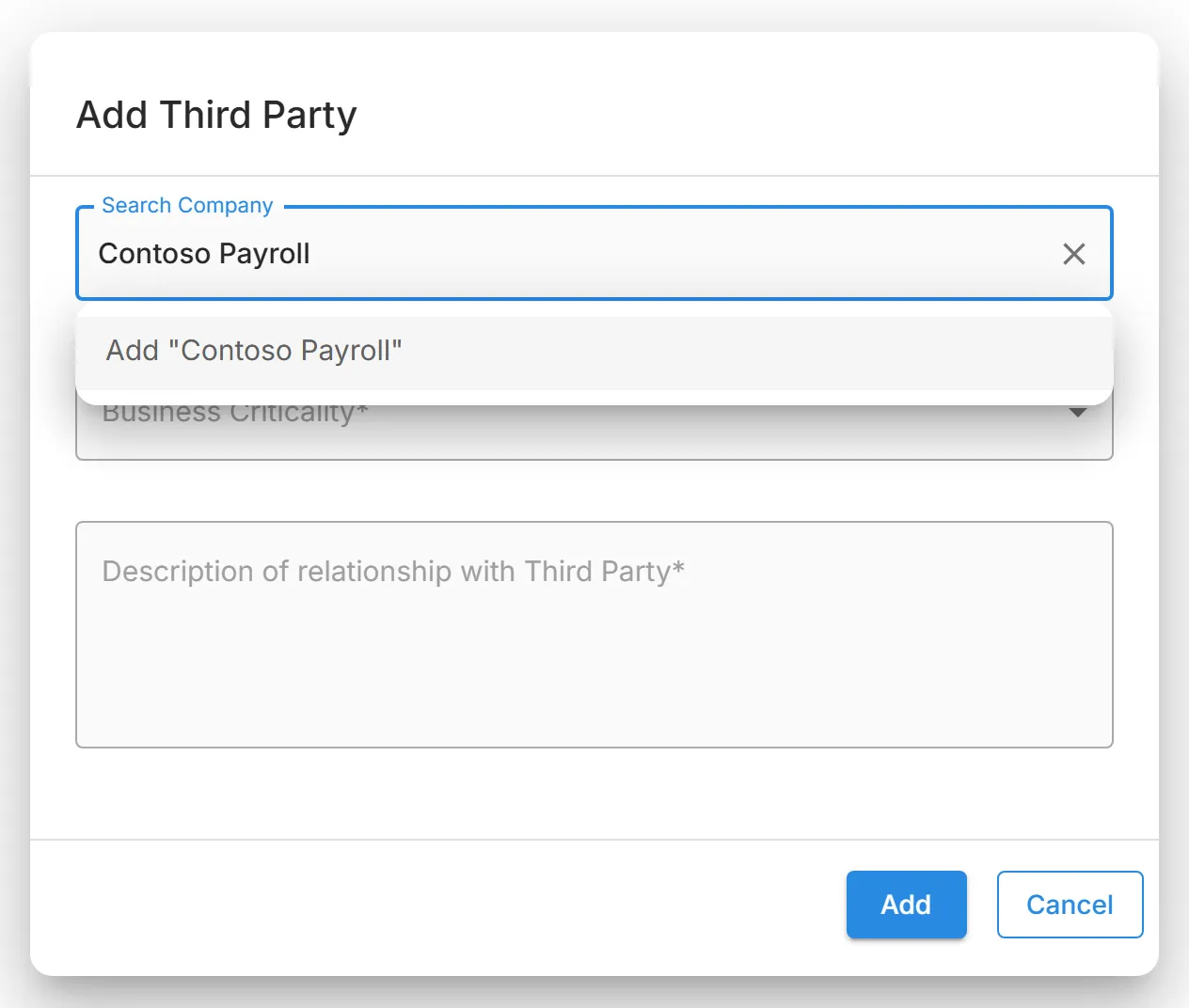 The "Add Third Party" dialog, with a name typed in "Search Company" and the "Add" option for a new organisation in the list.