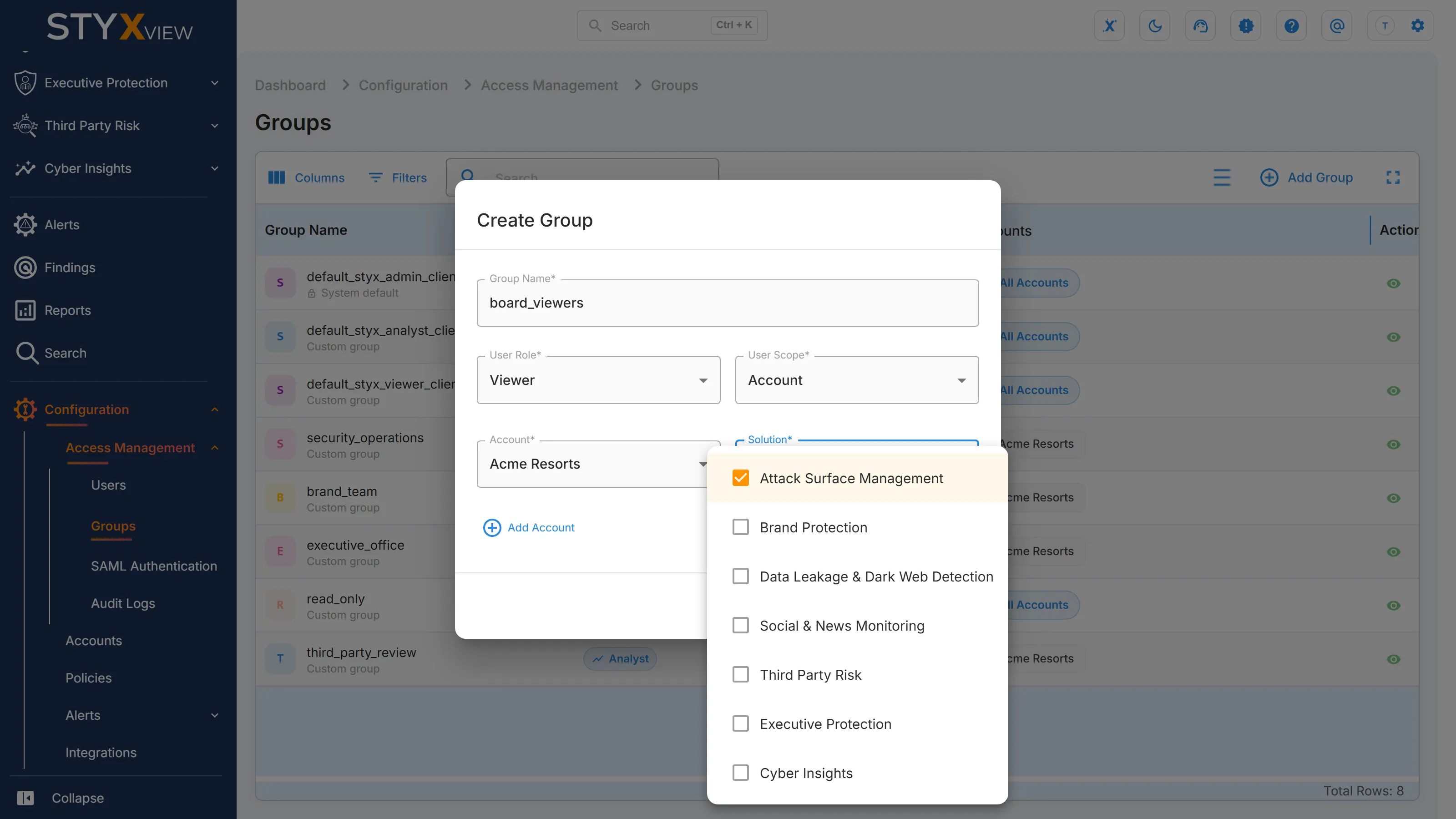 The "Create Group" dialog for a Viewer group with "Account" scope, with one solution chosen and the "Solution" list still open.