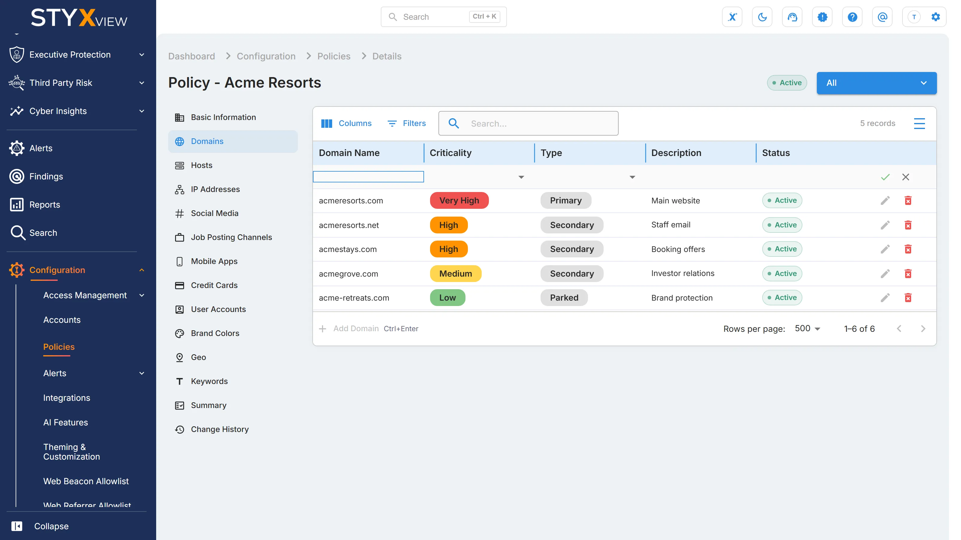 A blank row in the "Domains" table of a policy in edit mode, opened with "Add Domain", with its save and discard icons.