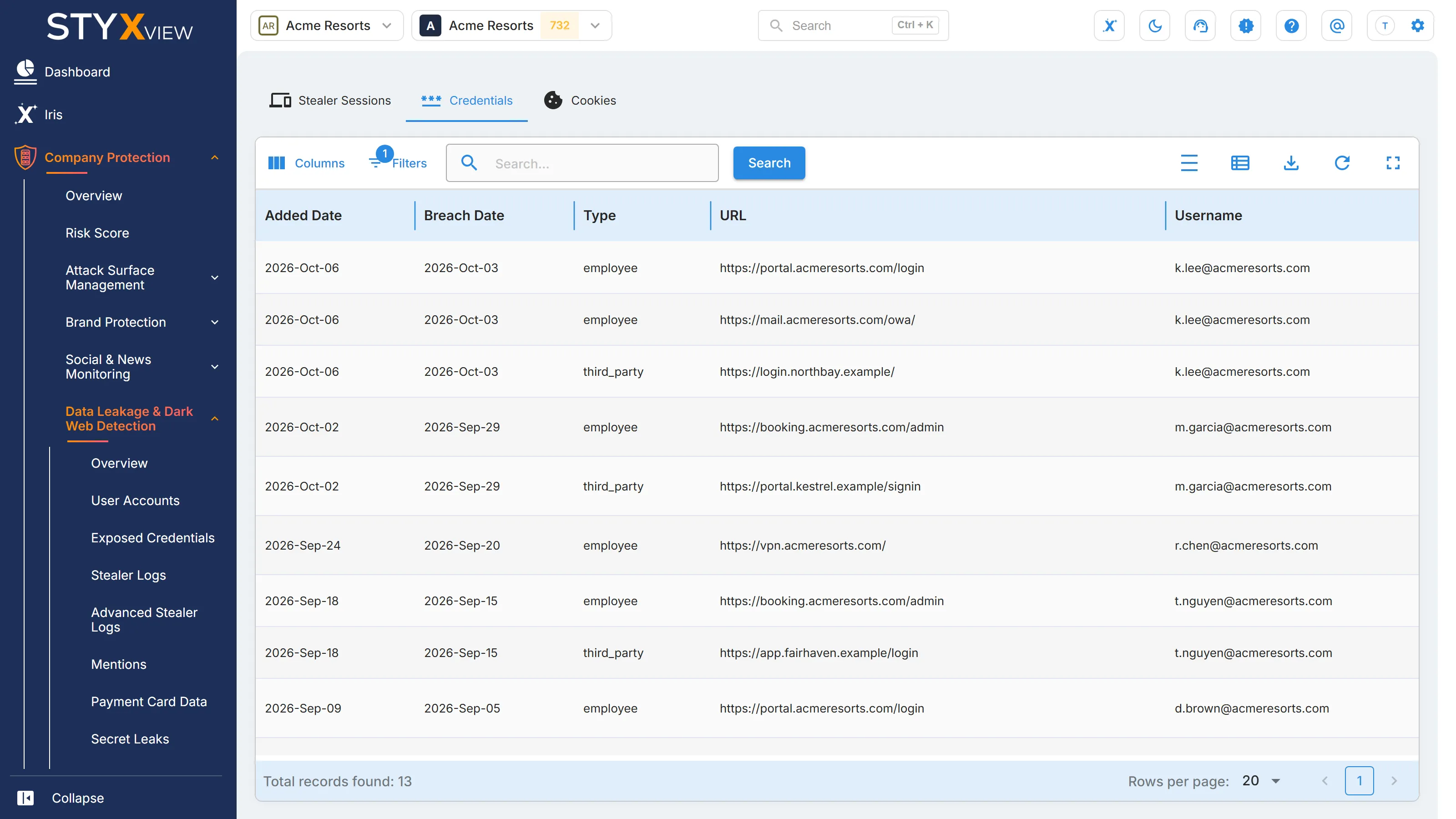 The "Credentials" tab of "Advanced Stealer Logs", listing each login taken with its dates, type, URL, and username.