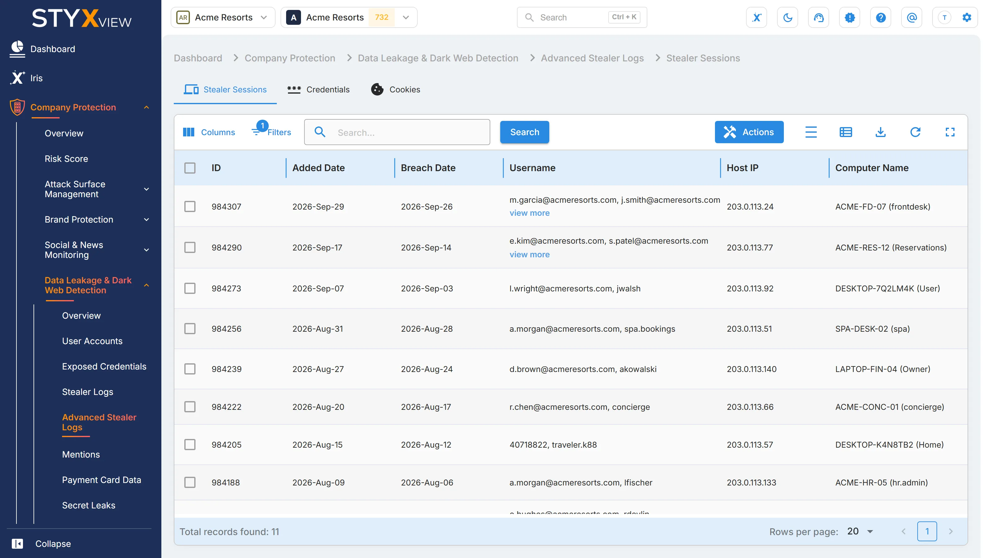 The "Stealer Sessions" tab of "Advanced Stealer Logs", listing each infected device session with its dates, username, host address, and computer name.