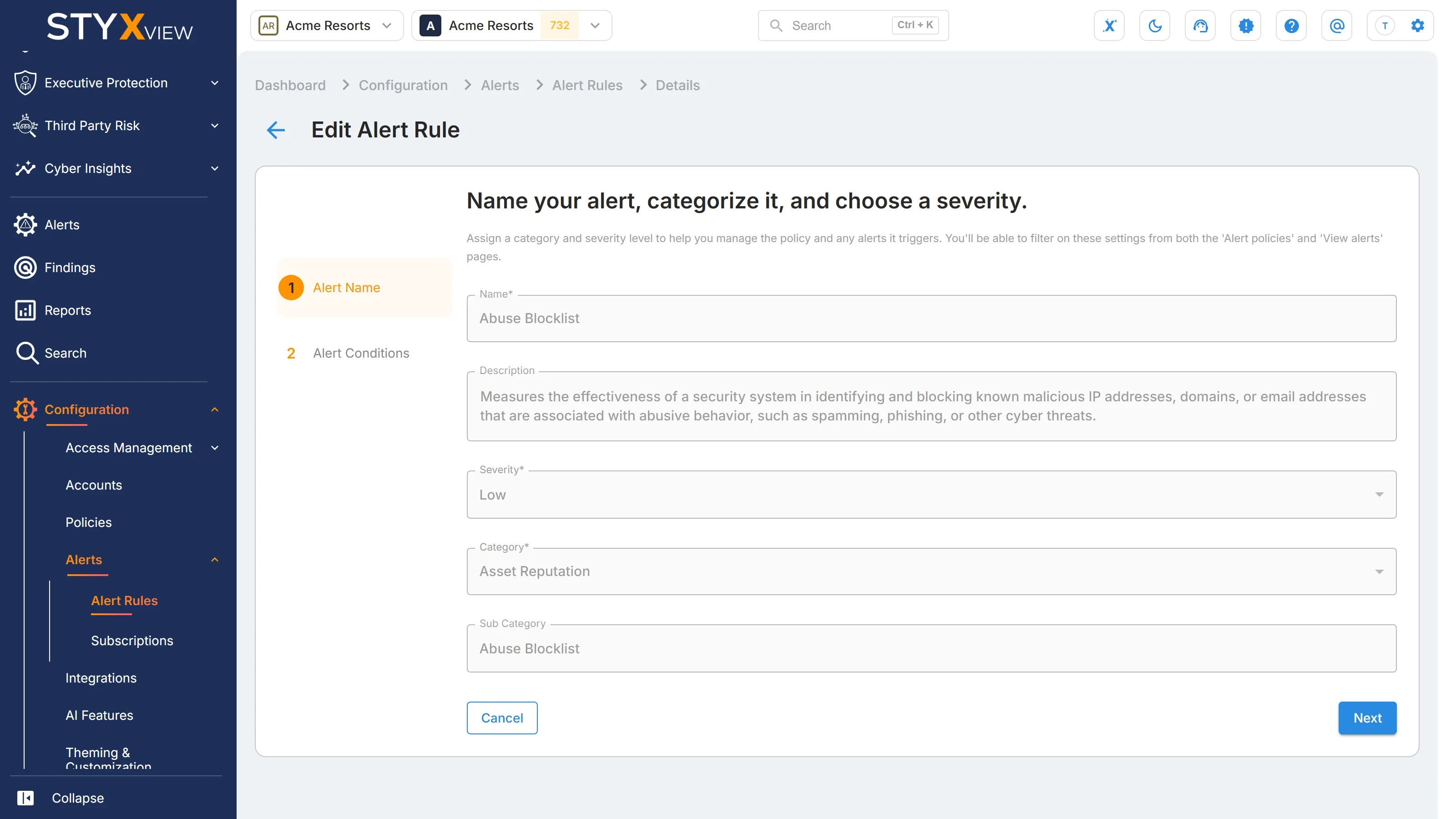The first step of "Edit Alert Rule", with the rule's "Name", "Description", "Severity", and "Category", which StyxView sets.
