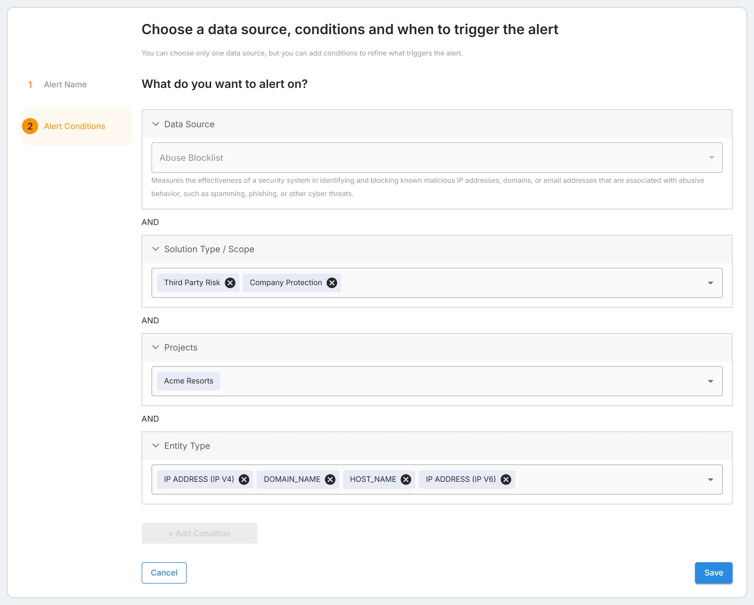 The second step of "Edit Alert Rule", with the rule's "Data Source", its conditions, and "+ Add Condition".