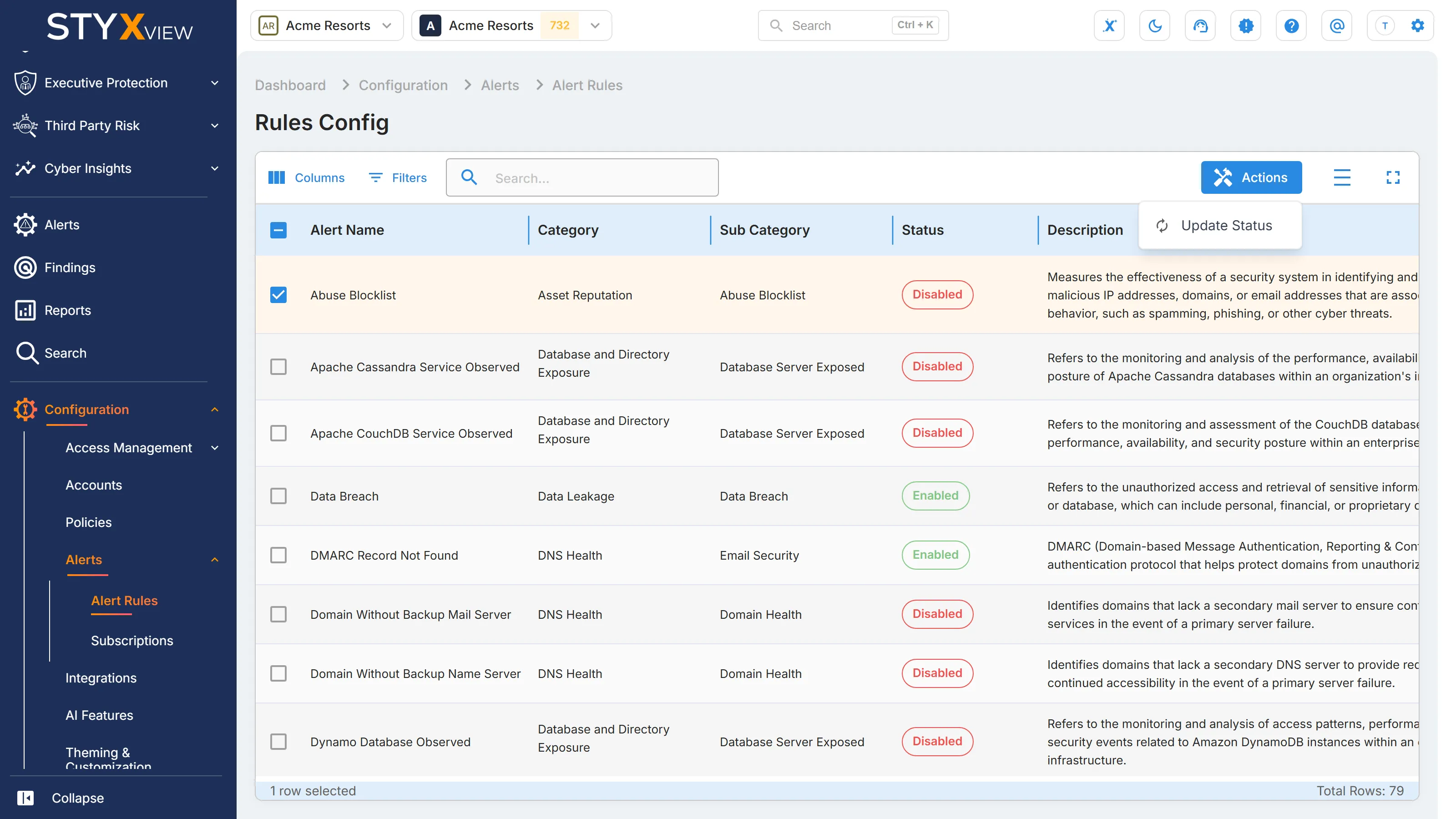 The "Rules Config" list with one rule selected and the "Actions" menu open on "Update Status".