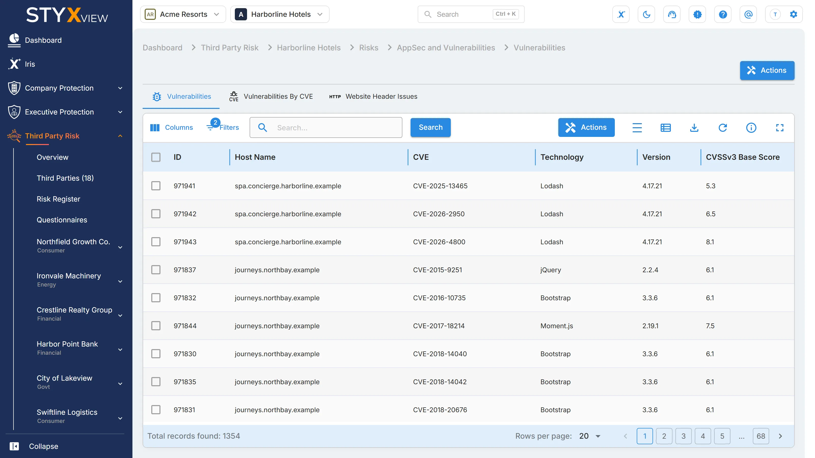 A third party's "AppSec and Vulnerabilities" page on the "Vulnerabilities" tab, listing the vulnerabilities found on its hosts.