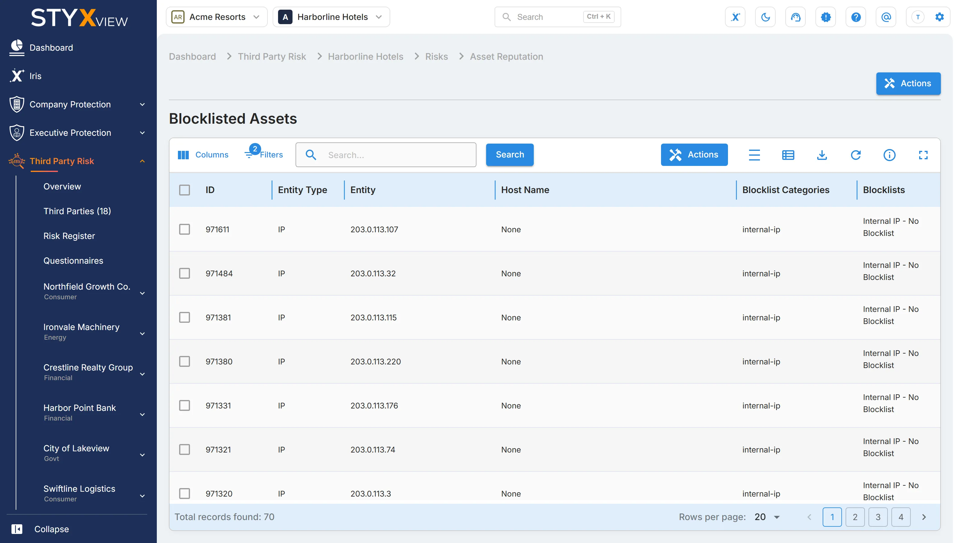 A third party's "Blocklisted Assets" page, opened from "Asset Reputation" in the sidebar, listing its assets found on reputation blocklists.