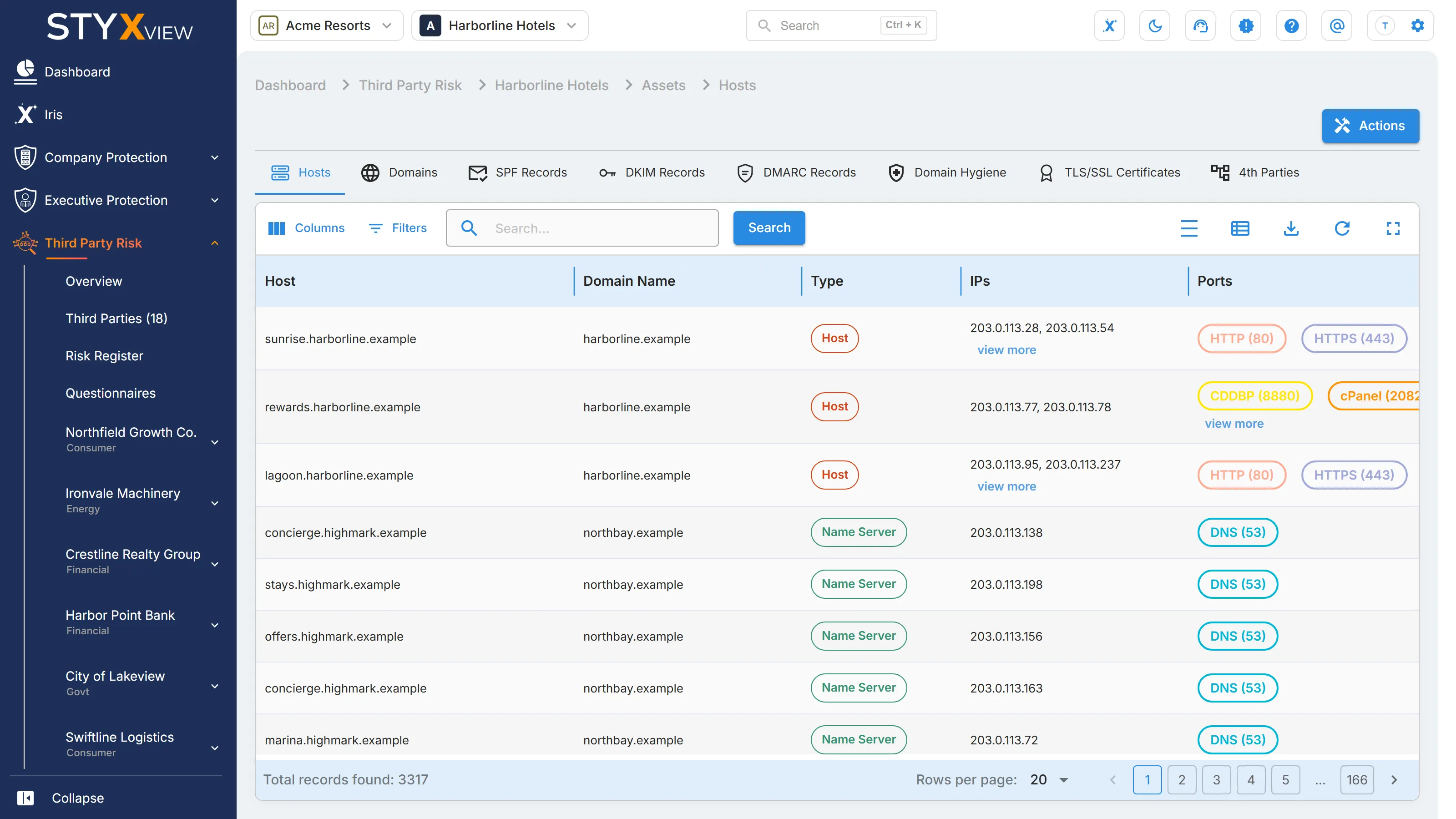 A third party's "Assets" page on the "Hosts" tab, listing its hosts, with tabs for its domains, email records, certificates, and fourth parties.