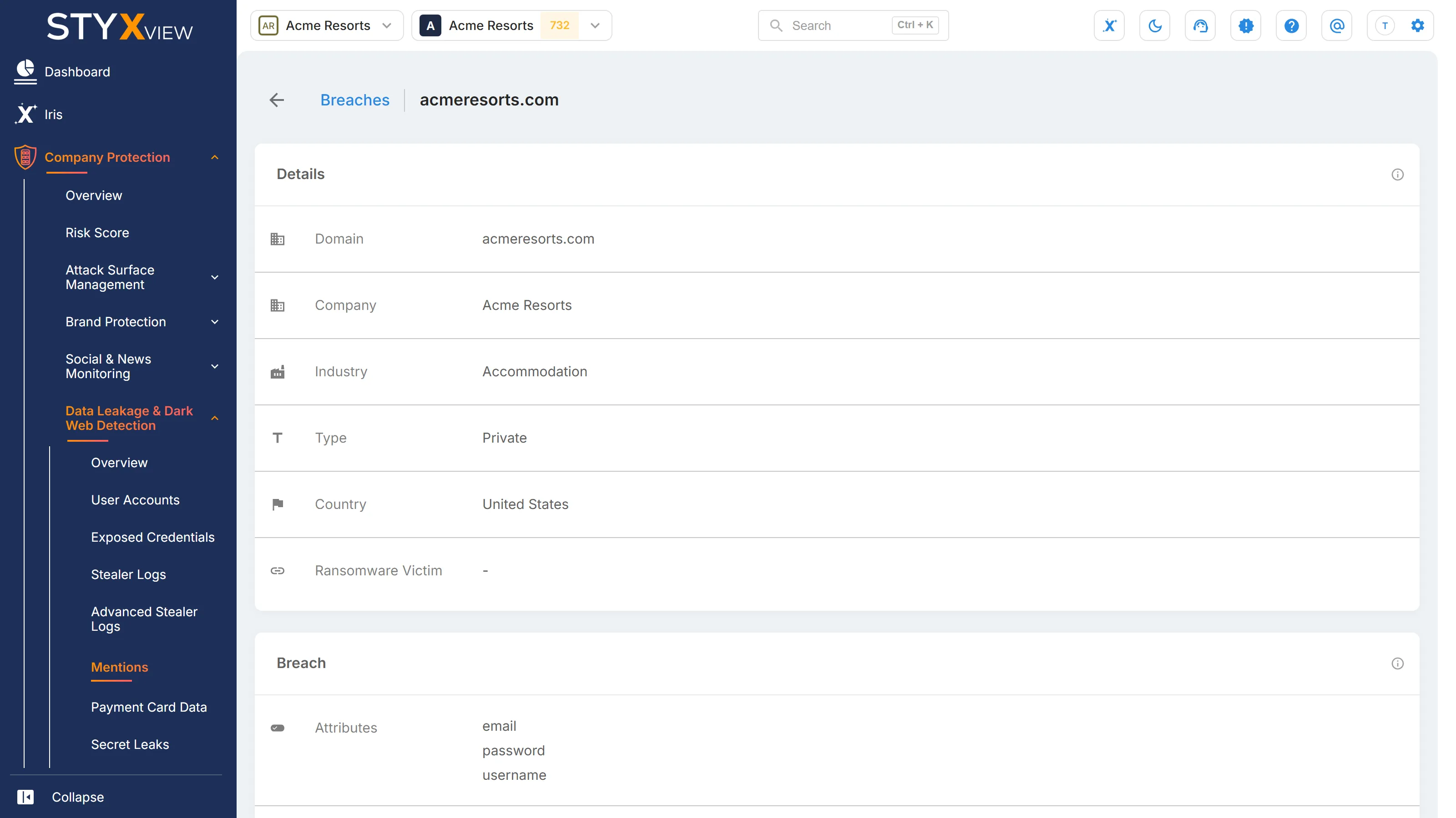 The "Breaches" record of a breached domain, with the "Details" card for the breached company and, below it, the "Breach" card opening with the exposed attributes.