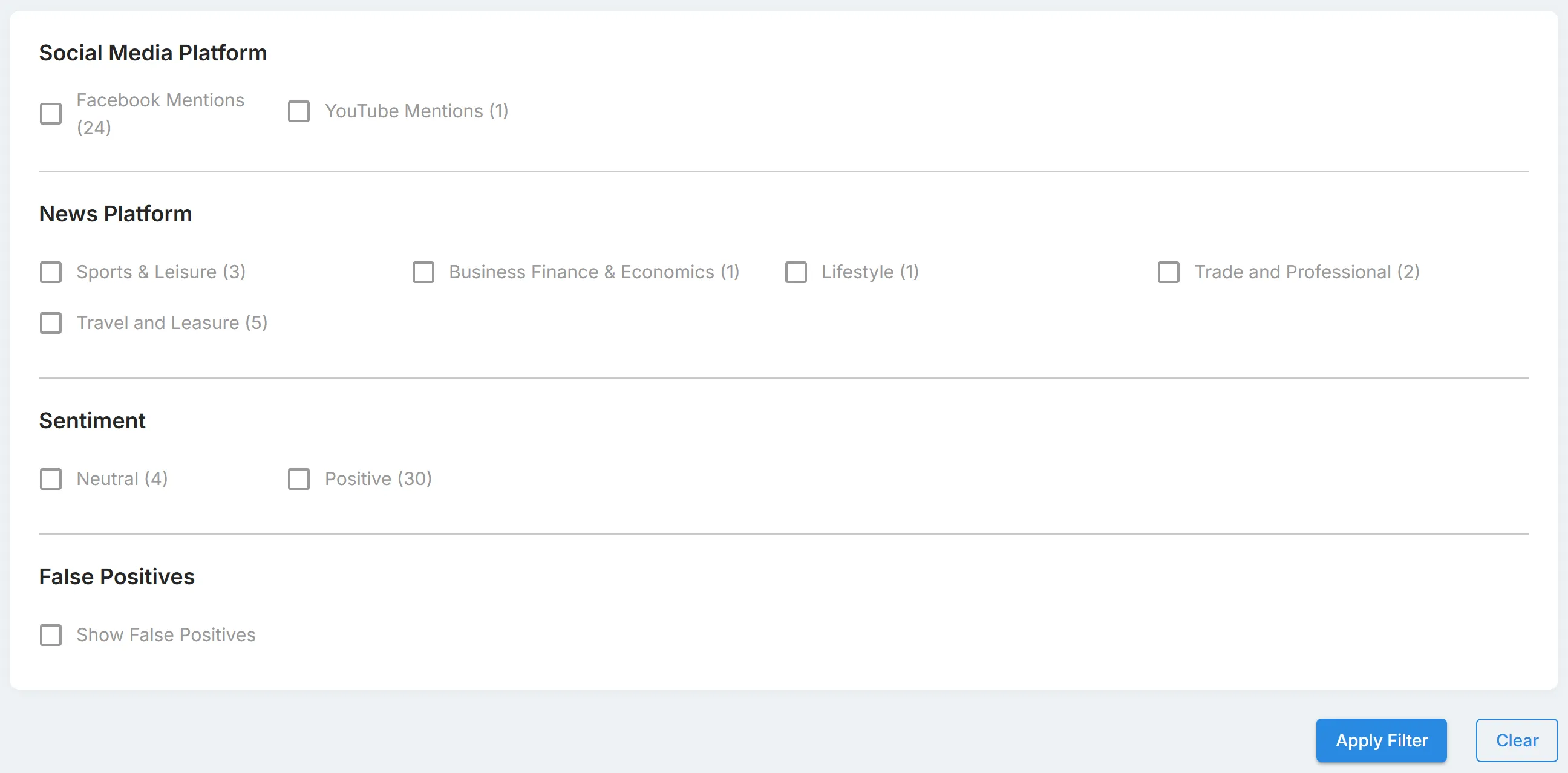 The "Filters" panel in "Card View", with "Social Media Platform", "News Platform", "Sentiment", and "False Positives", and the "Apply Filter" and "Clear" buttons.
