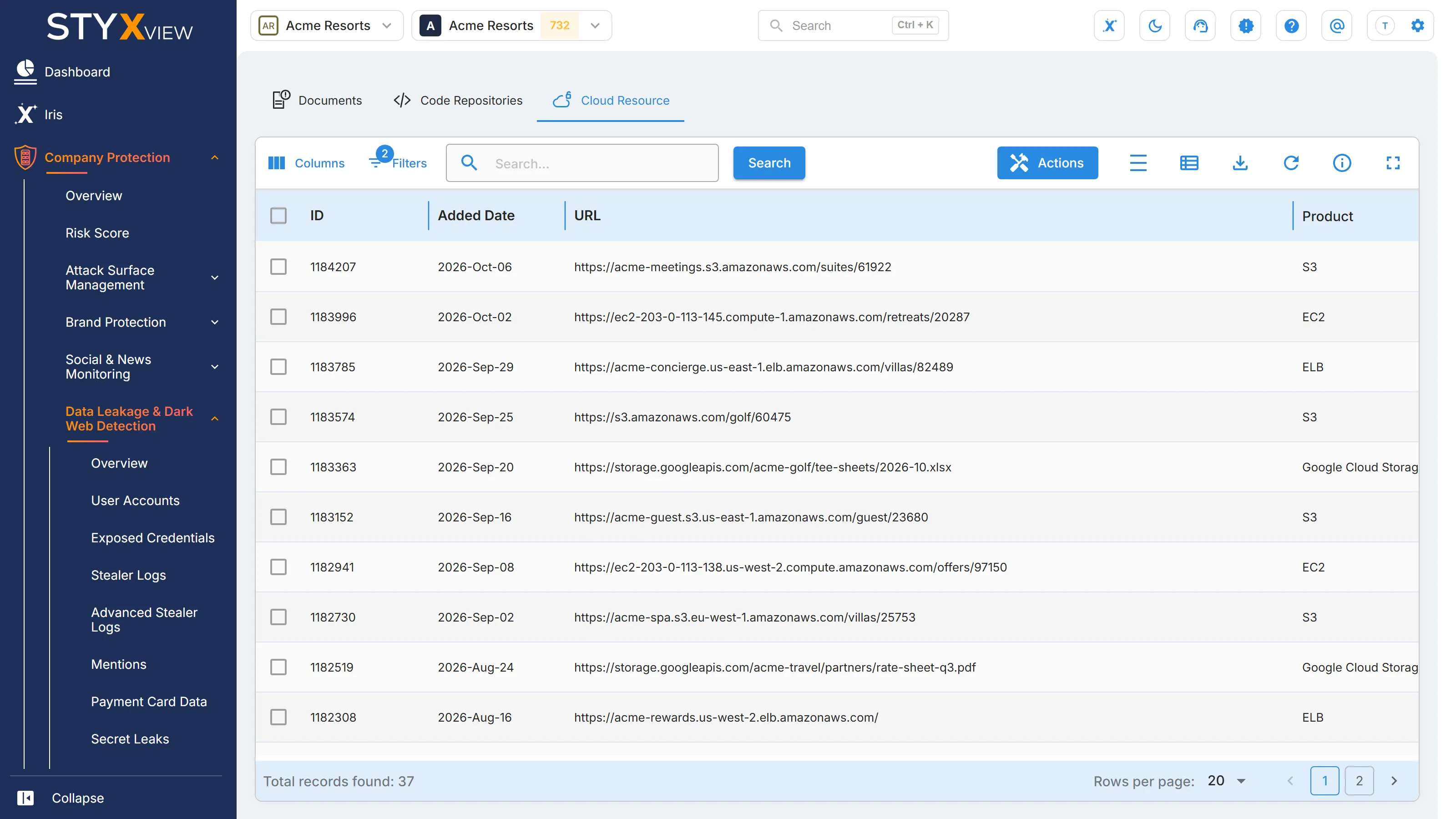 The "Cloud Resource" tab of "Surface Web Exposure", listing each exposed cloud resource with its finding ID, added date, URL, and product.