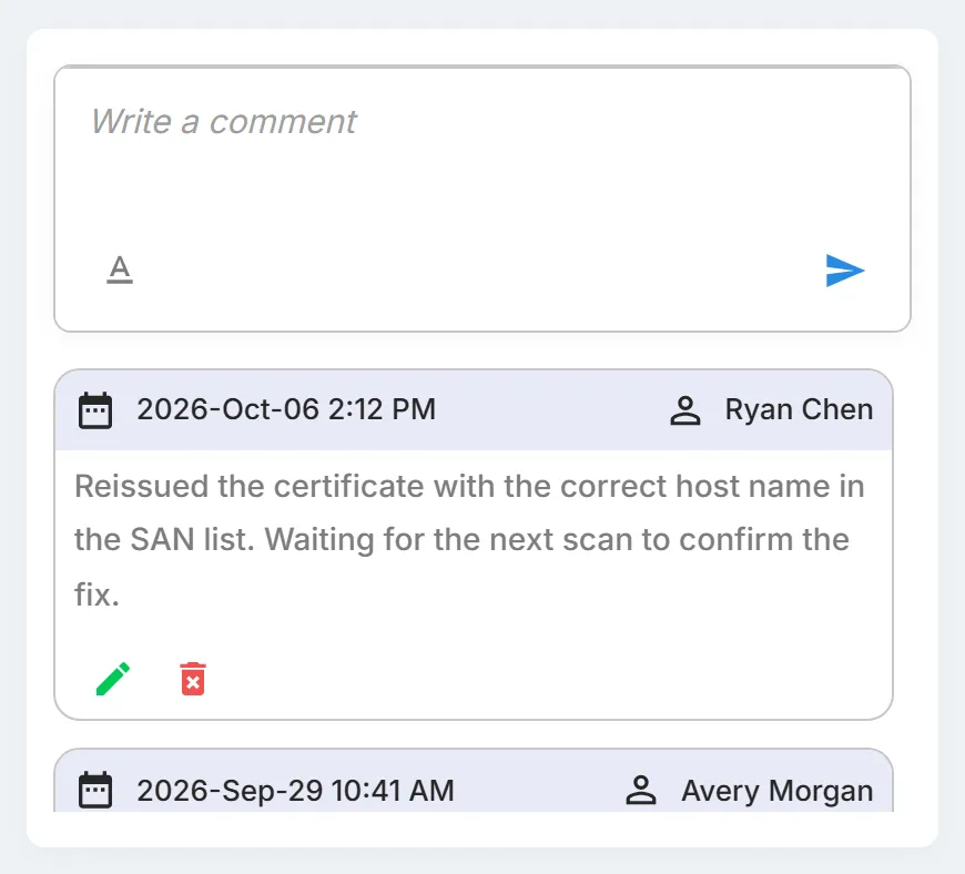 The comments on a finding, with the "Write a comment" box above the newest comment.