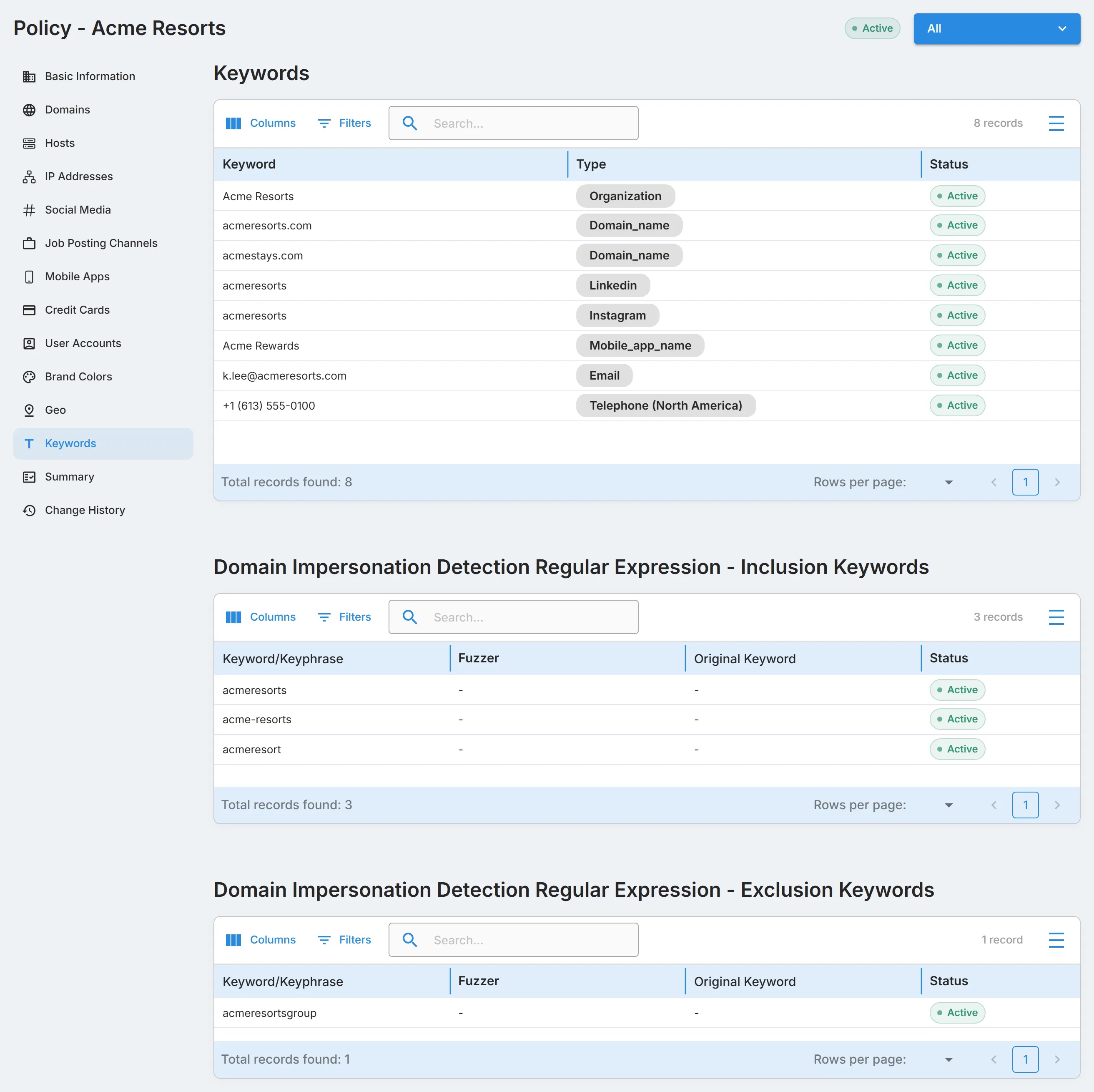 The "Keywords" section of a Company Protection policy, with the generated keywords and the Domain Impersonation inclusion and exclusion patterns.