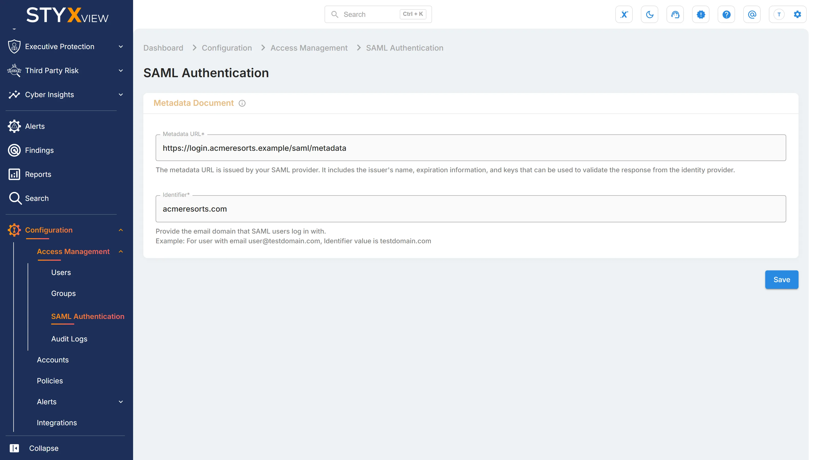 The "SAML Authentication" page, with the "Metadata Document" panel where you enter the "Metadata URL" and the "Identifier".