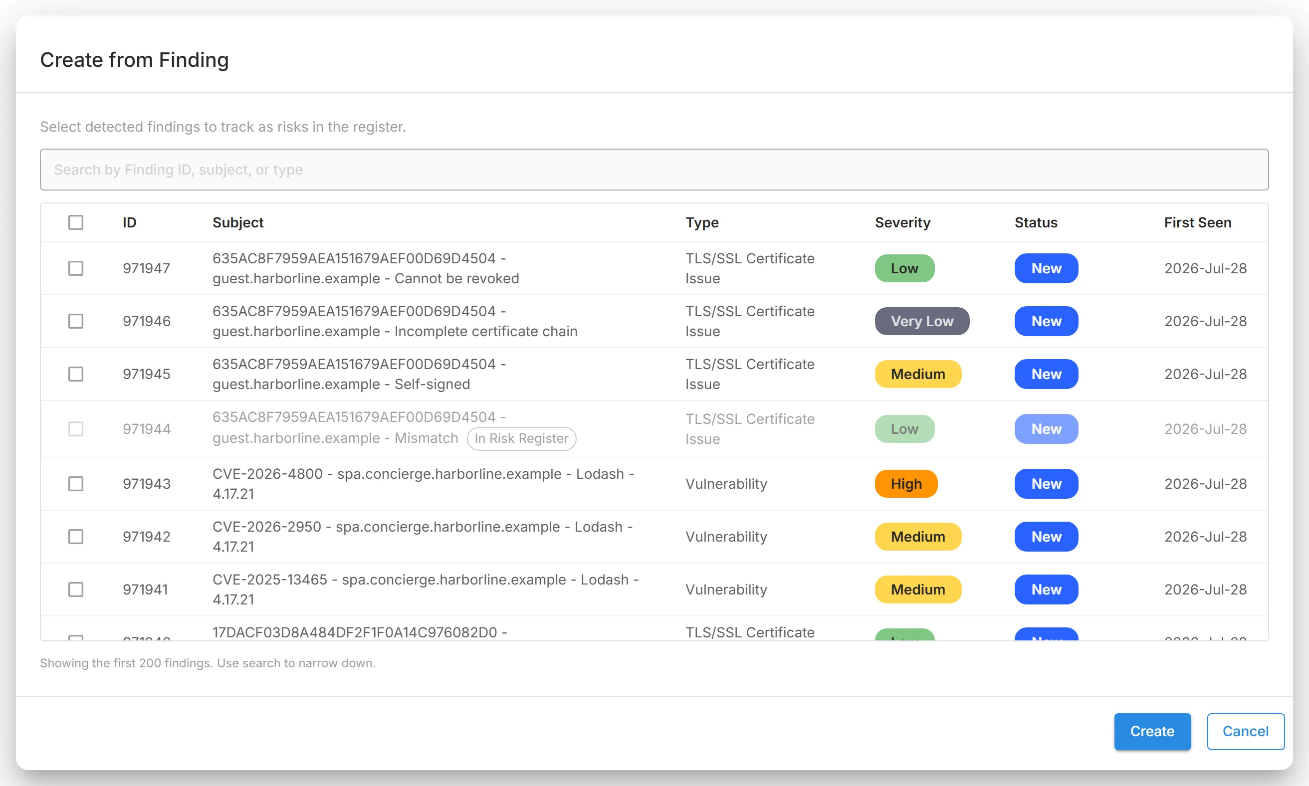 The "Create from Finding" dialog, listing a third party's detected findings with their ID, subject, type, severity, status, and first seen date.