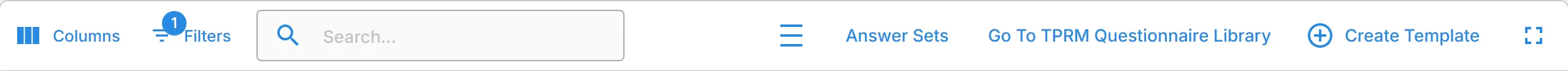 The toolbar of the "Templates" tab, with "Answer Sets", "Go to TPRM Questionnaire Library", and "Create Template" at the right.