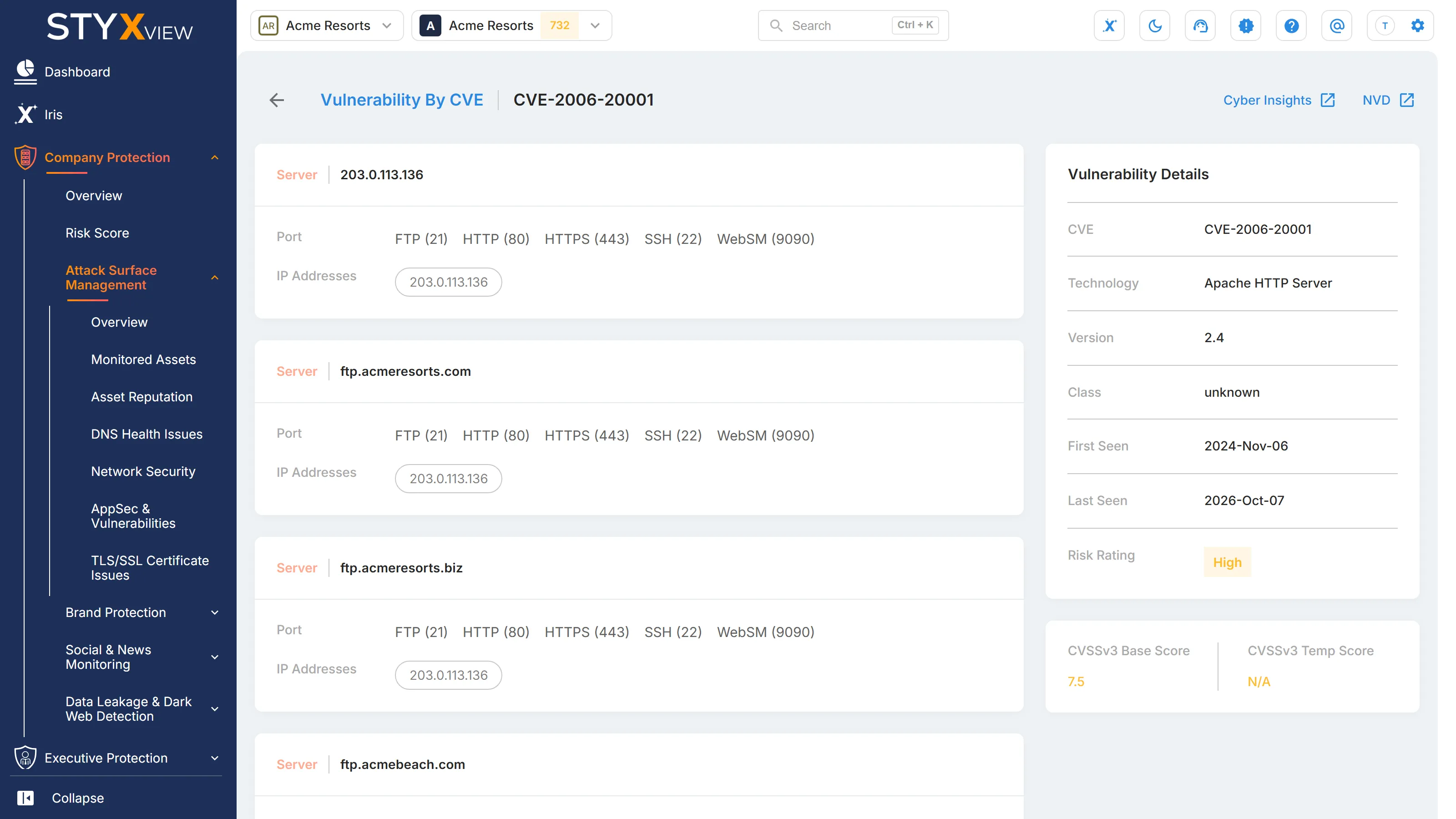 A CVE's detail page, with "Vulnerability Details", the CVSSv3 scores, each affected server, and the "Cyber Insights" and "NVD" buttons.