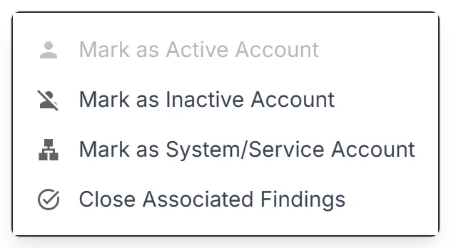 The "Actions" menu on an account's "Data Breached" page, with the three account types and "Close Associated Findings".