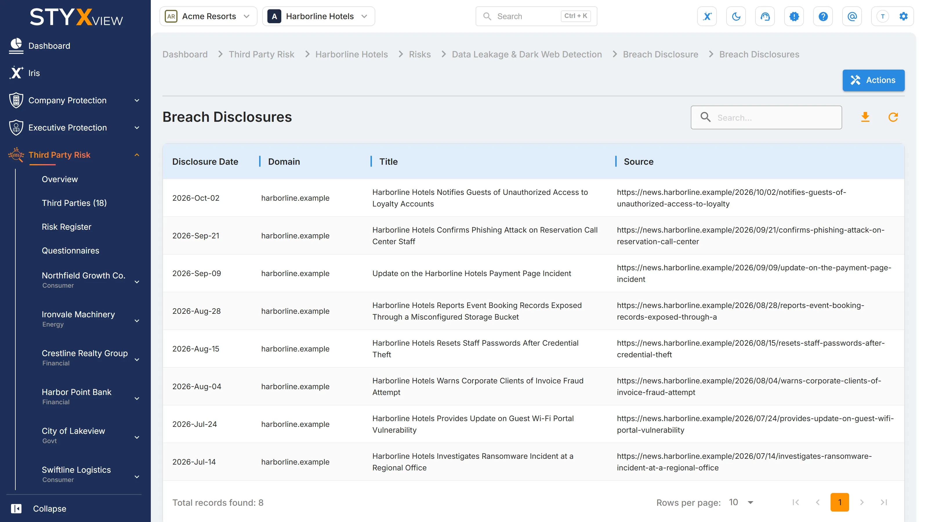 A third party's breach disclosures, opened from "Breach Disclosure" in the sidebar, listing the data breaches recorded for its domains.