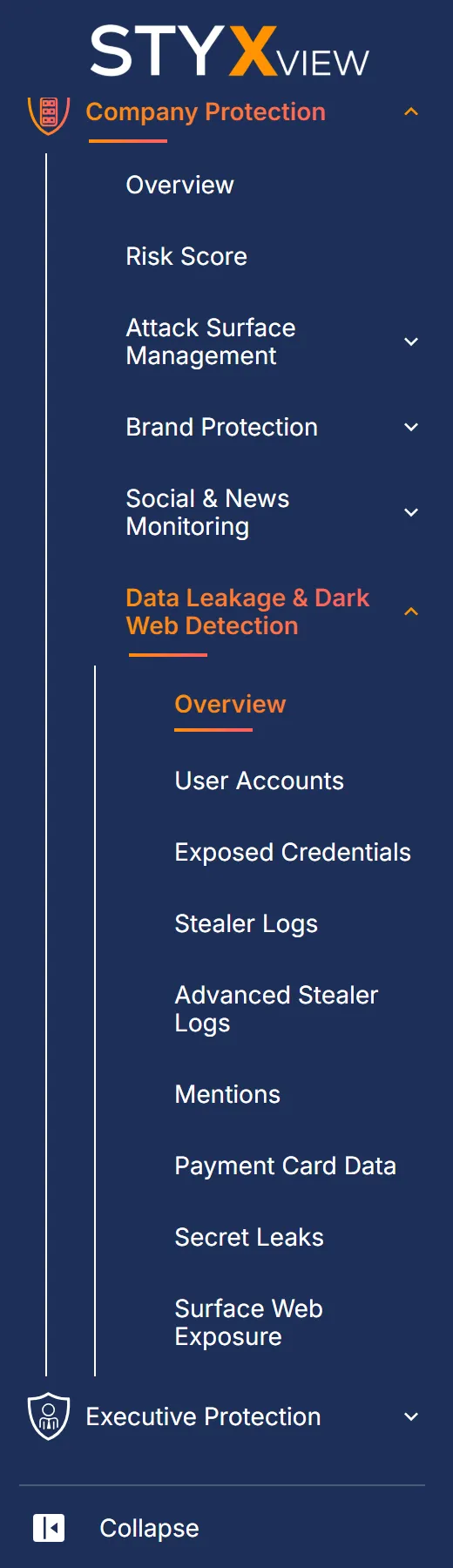 The sidebar with "Data Leakage & Dark Web Detection" expanded under "Company Protection", listing all nine of its items from "Overview" to "Surface Web Exposure".