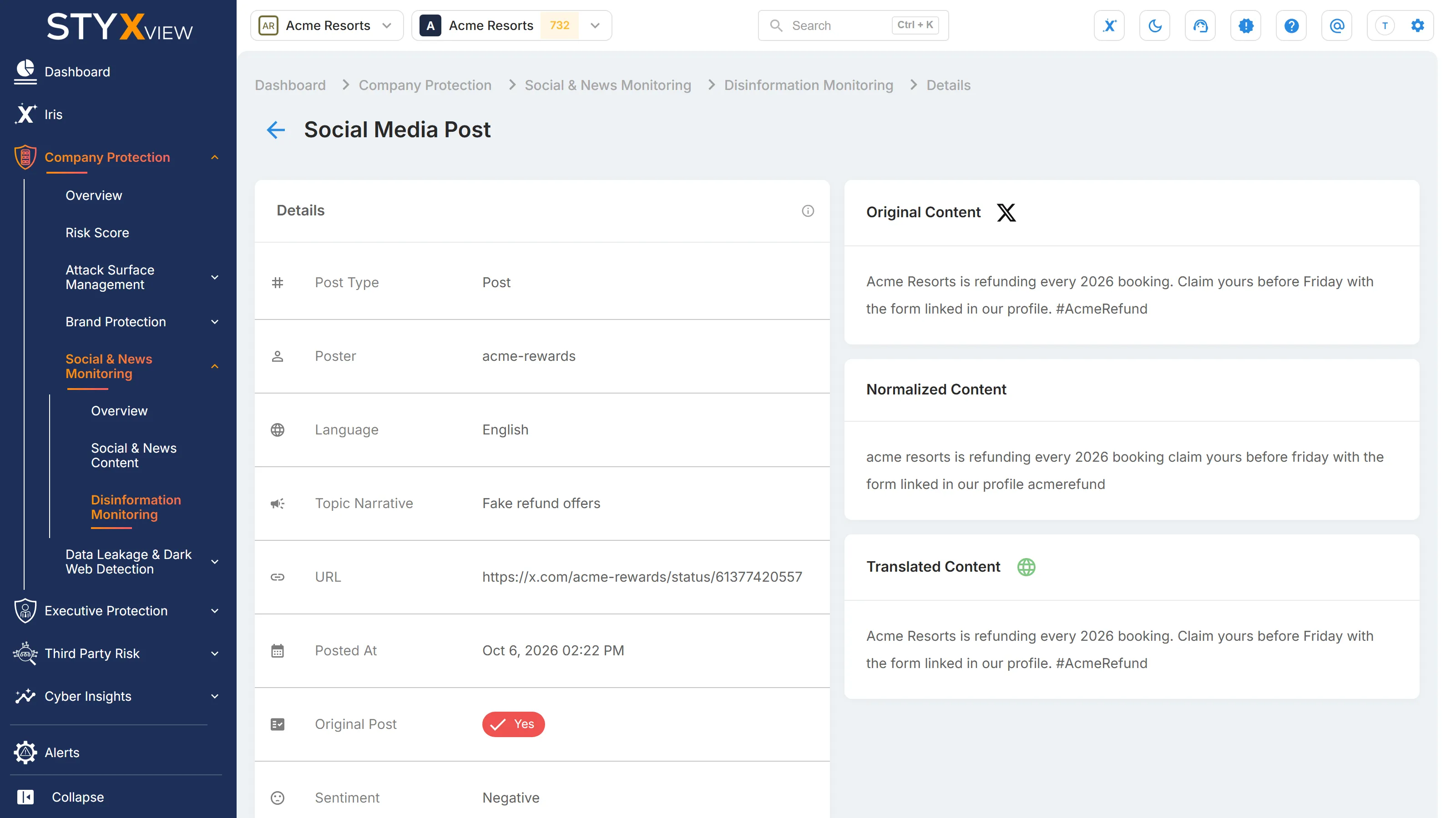 The "Social Media Post" page, with the post's "Details" beside its "Original Content", "Normalized Content", and "Translated Content".