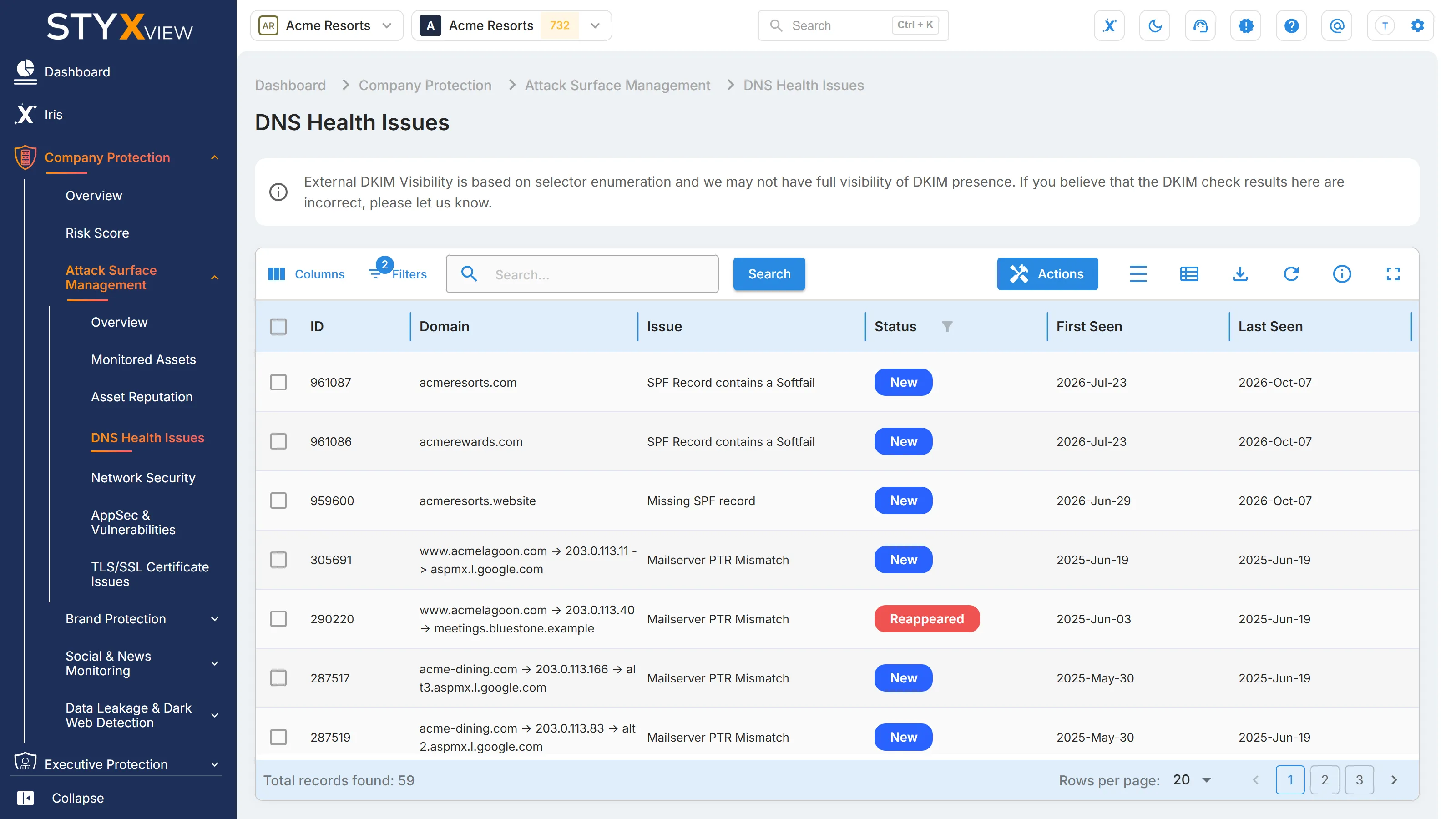 The "DNS Health Issues" page, with the DKIM visibility notice above the issues found on each domain, with their status, severity rating, and associated risks.
