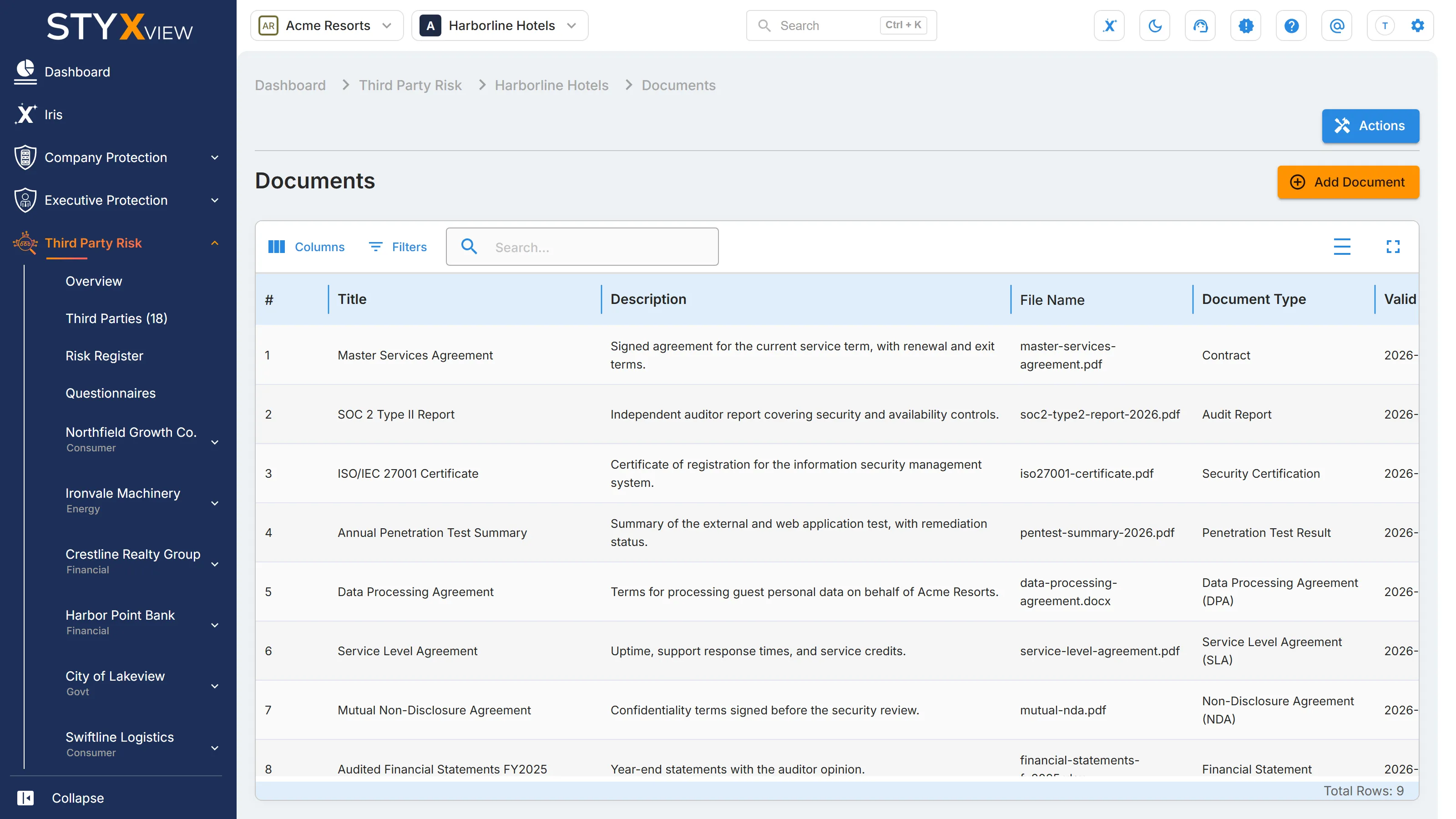 A third party's "Documents" page, listing its documents with their title, description, file name, and document type, with "Add Document" above the table.
