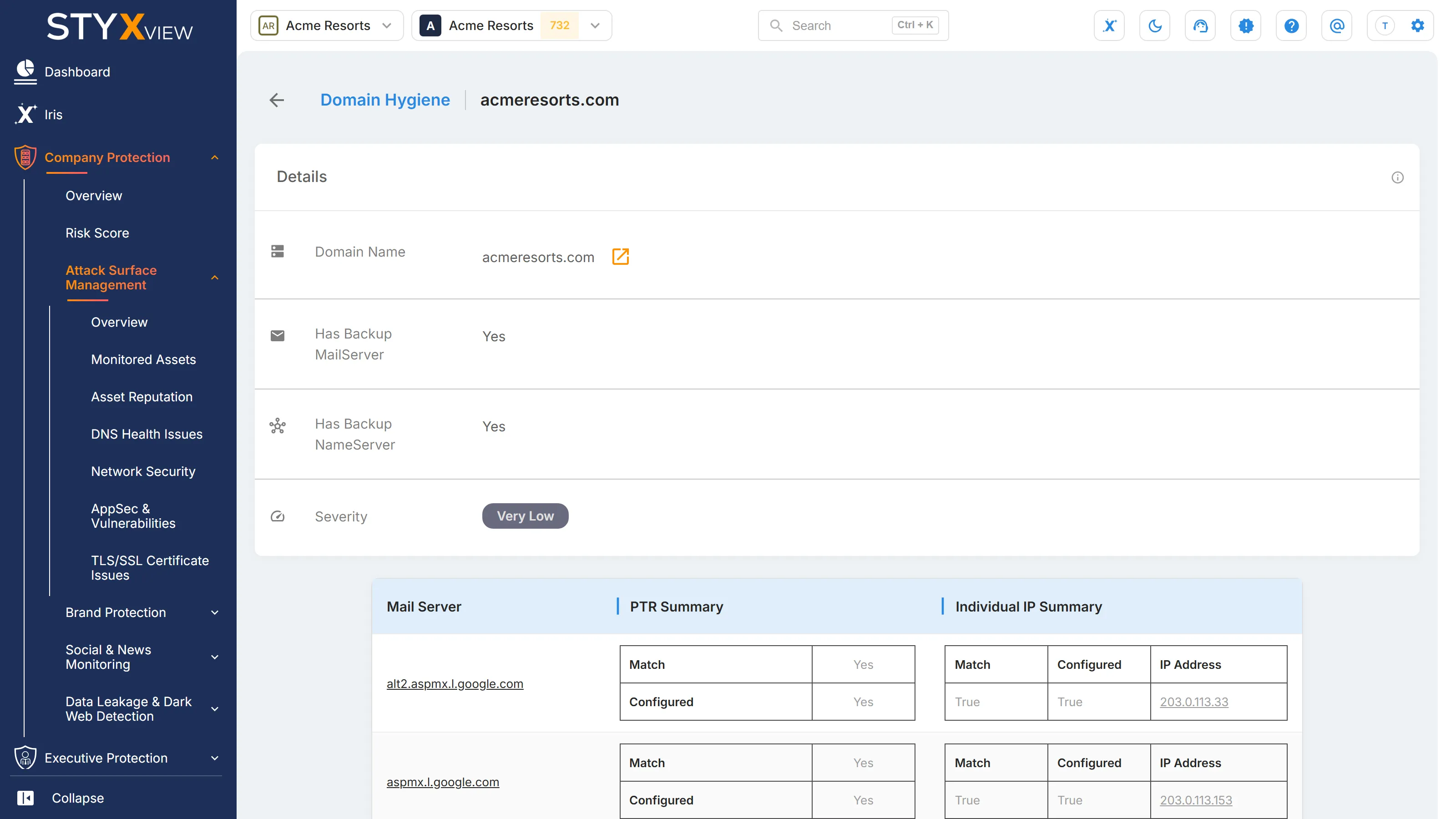 A domain's hygiene detail page, with the backup server checks and a card for each mail server showing "Match" and "Configured".