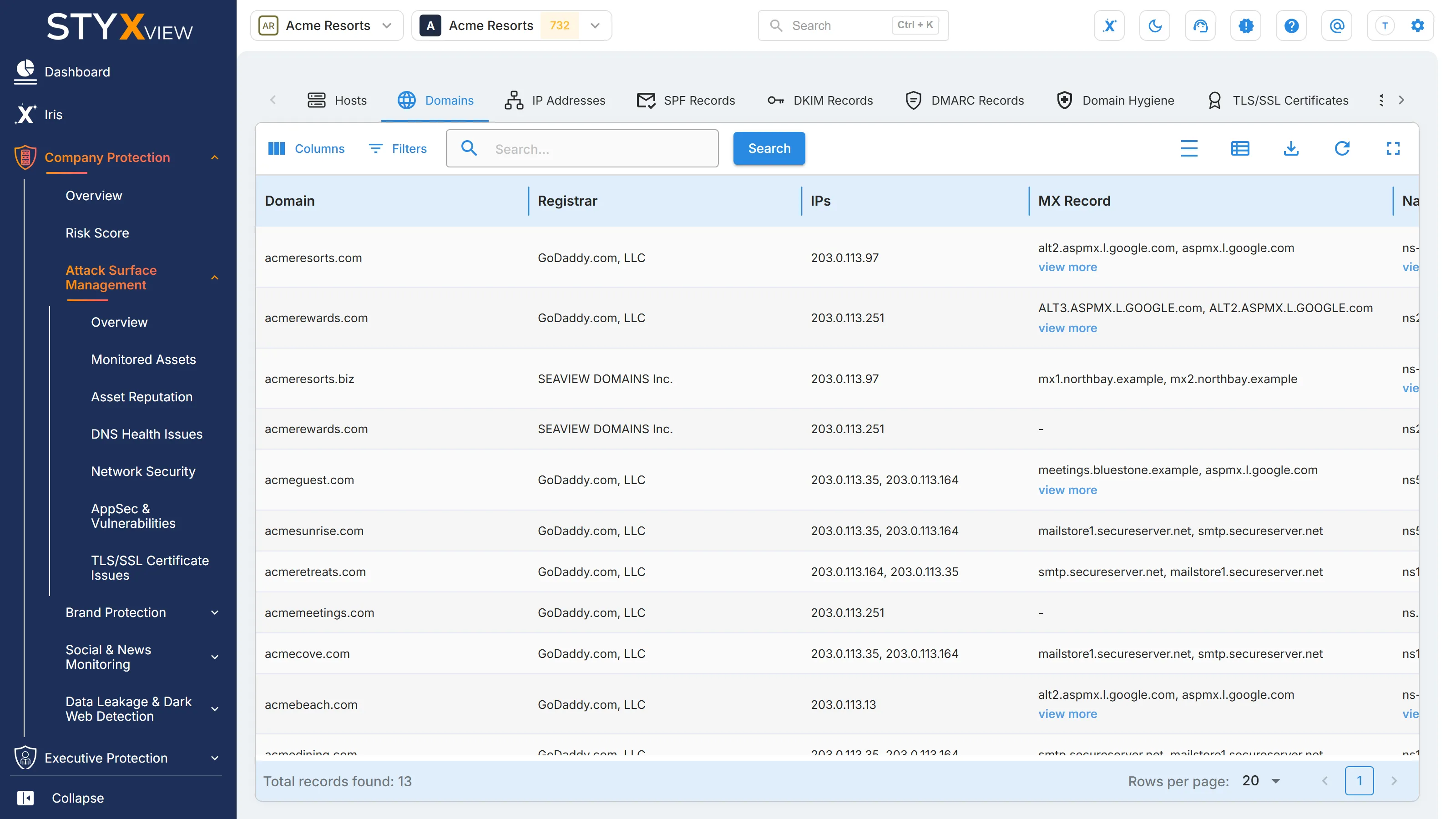 The "Domains" tab, listing each domain with its registrar, IP addresses, MX records, and name servers.