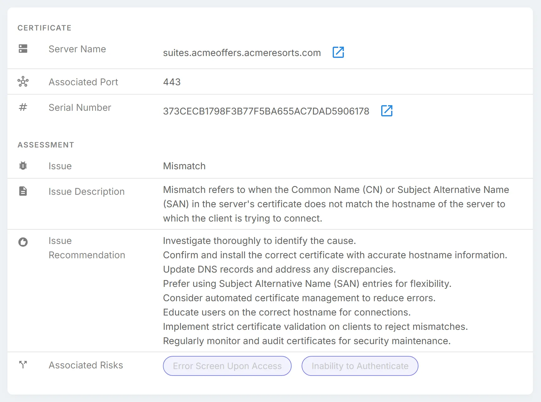 The details card below a finding's summary, which depends on the finding type: here the certificate's server, port, and serial number, then the issue, its description, and its recommendation.