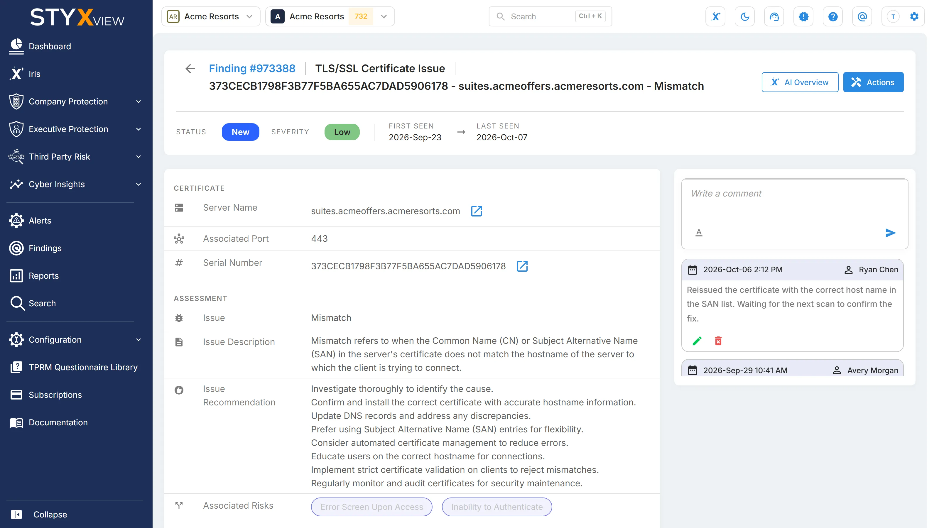 A finding's detail page, with the summary at the top, the details of the issue, and the comments on the right.