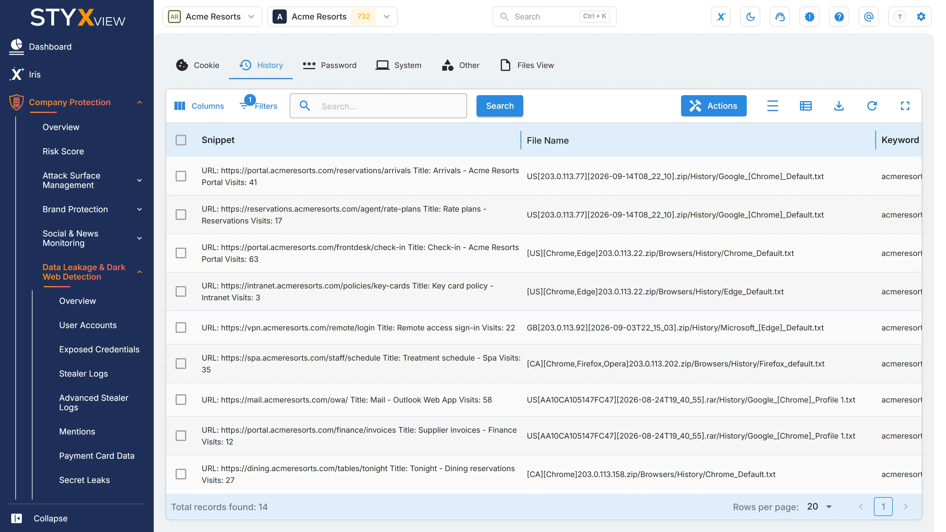 The "History" tab of "Stealer Logs", listing each stolen browsing history entry as found, with the stealer log file it came from.