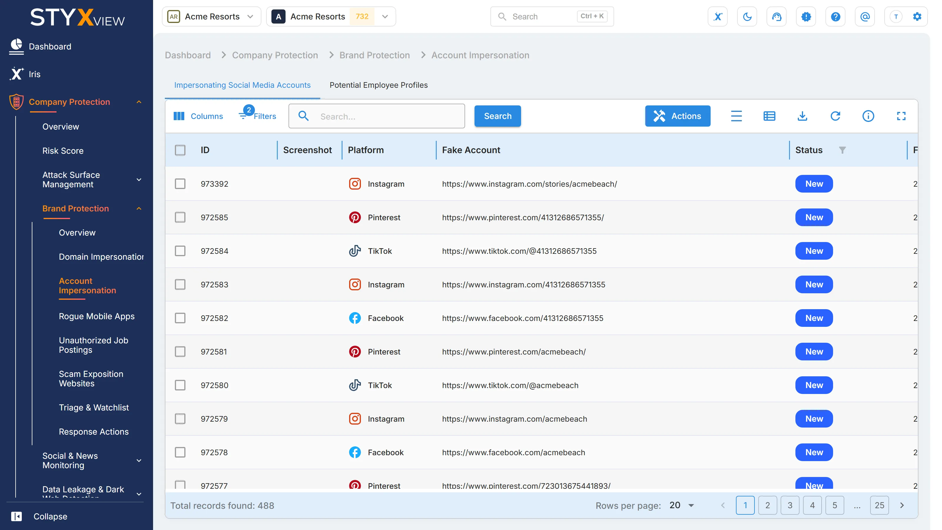 The "Impersonating Social Media Accounts" tab of "Account Impersonation", listing each account with its platform, address, and status.