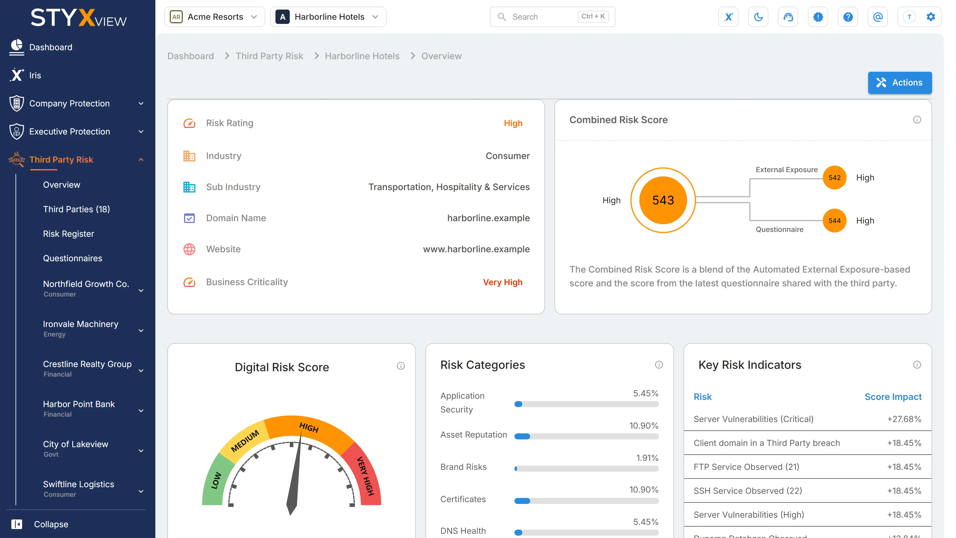 A third party's "Overview", with "Actions", its details, "Combined Risk Score", Digital Risk Score, "Risk Categories", and "Key Risk Indicators".