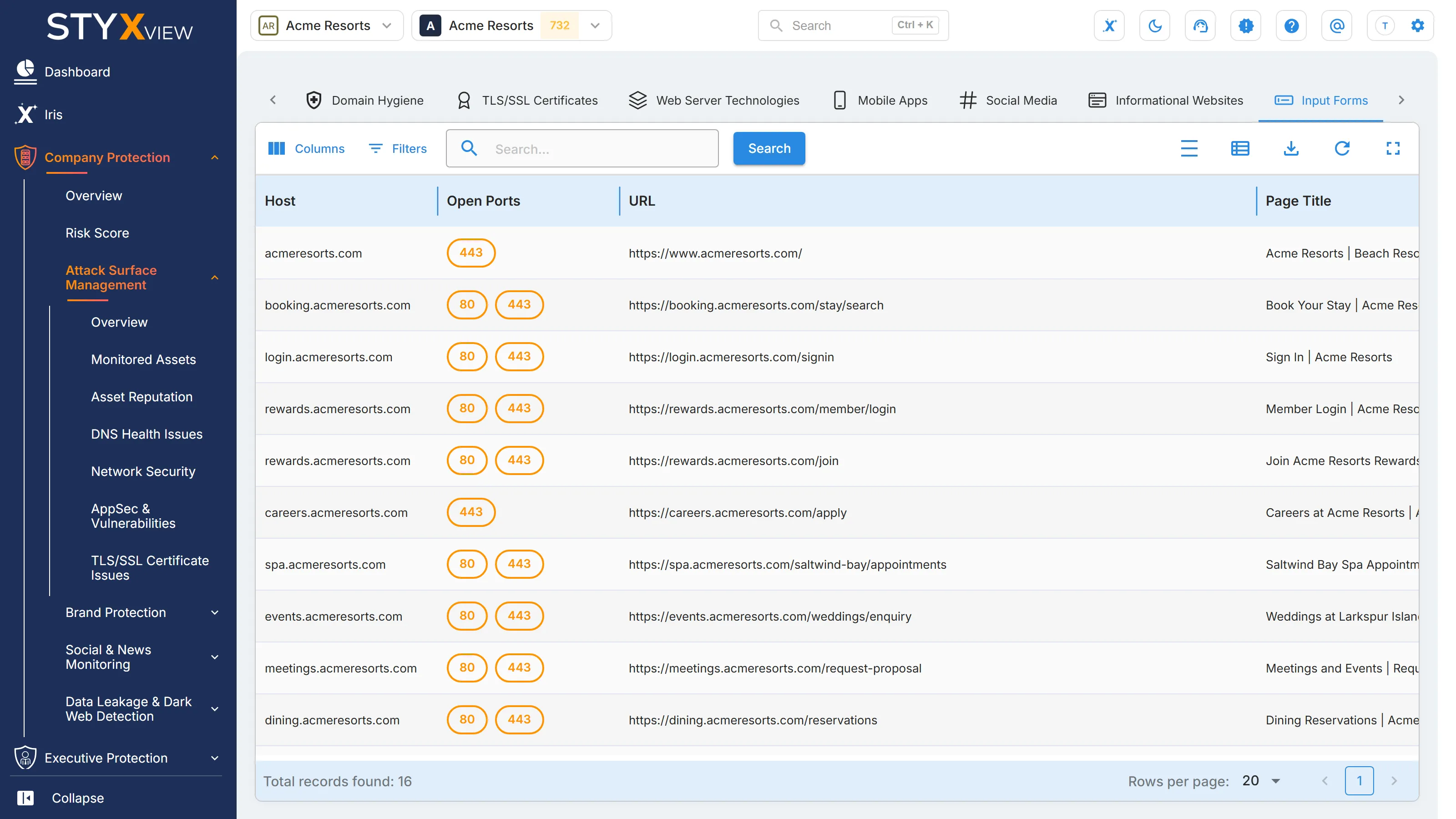 The "Input Forms" tab, listing each form found on your websites with its host, open ports, URL, and page title.