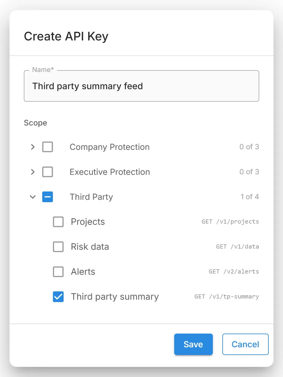 The "Create API Key" dialog, with a name entered, "Third Party" expanded, and only "Third party summary" selected, shown as "1 of 4".