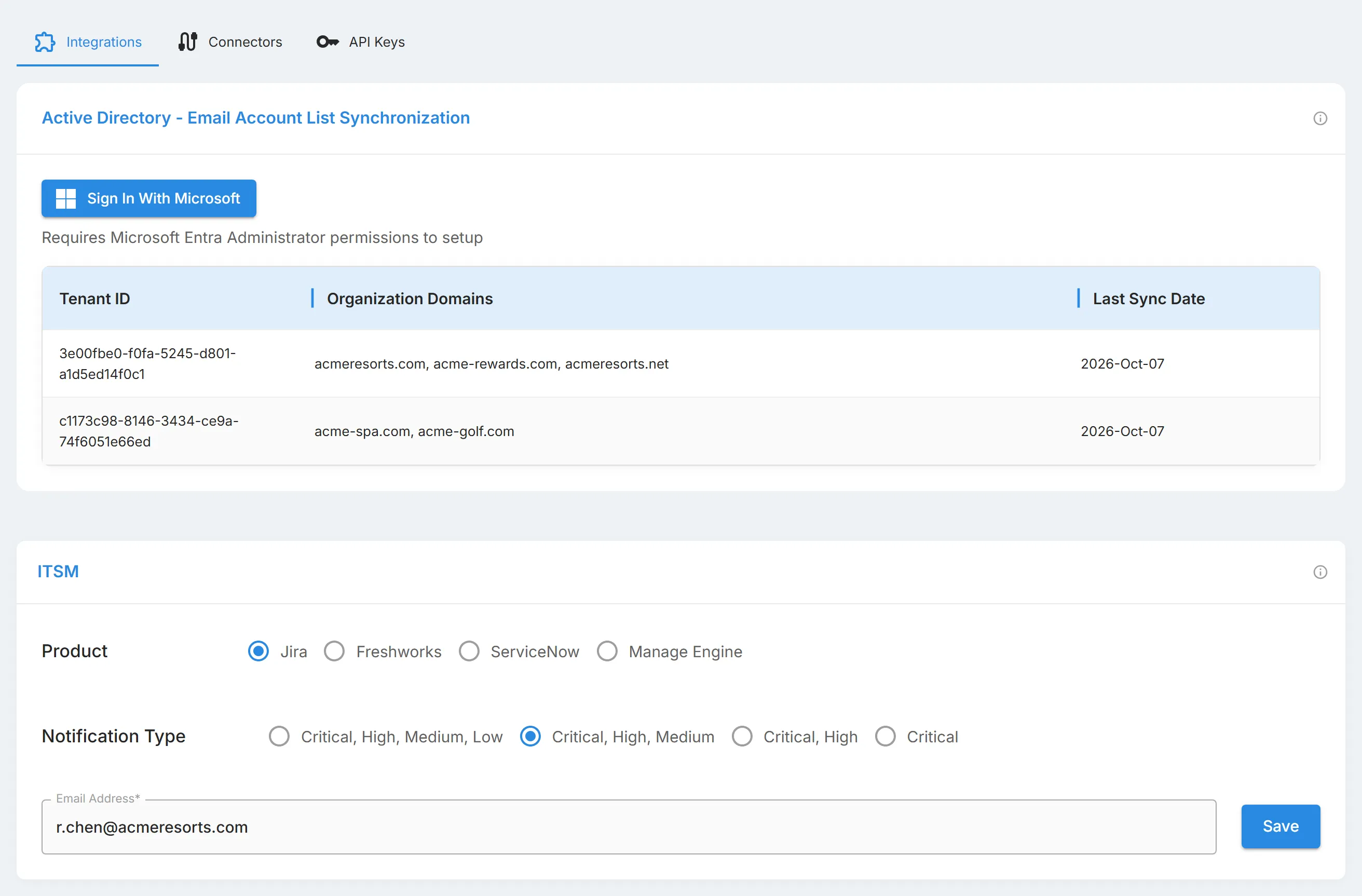The "Integrations" tab, with "Sign In With Microsoft" for email account synchronization and the "ITSM" panel for notifications.