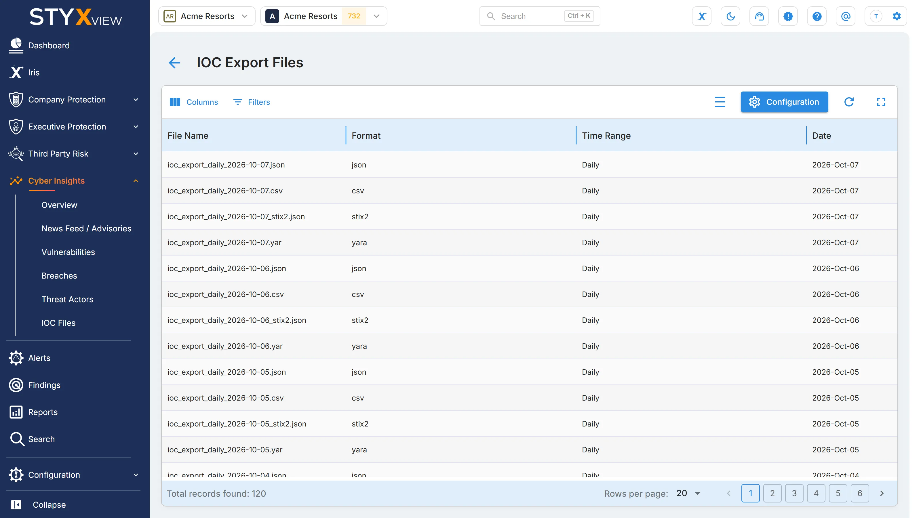 The full "IOC Export Files" list, with "Configuration" in the toolbar and each file's name, format, time range, and date.