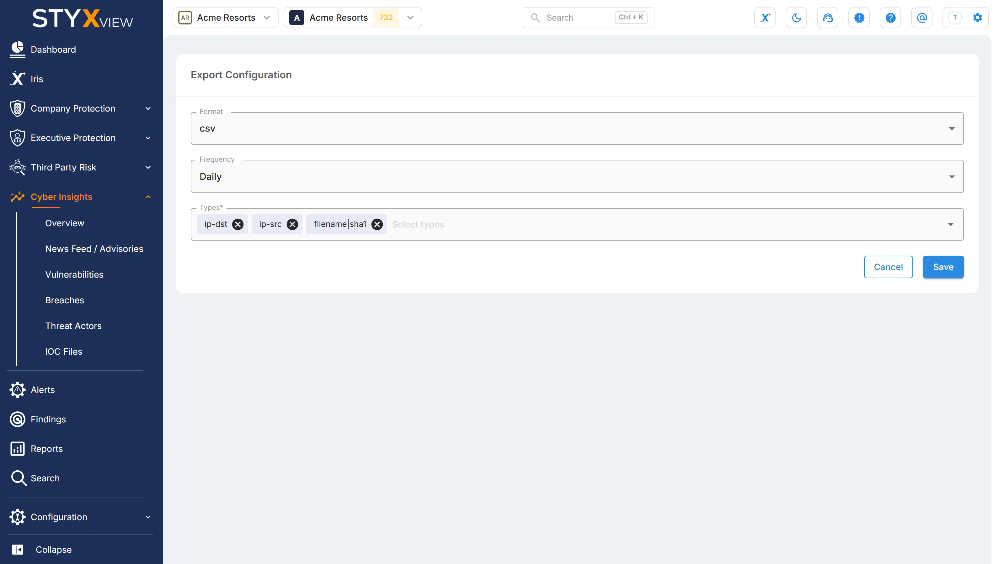 The "Export Configuration" form, with "Format", "Frequency", and "Types", and the "Save" button.
