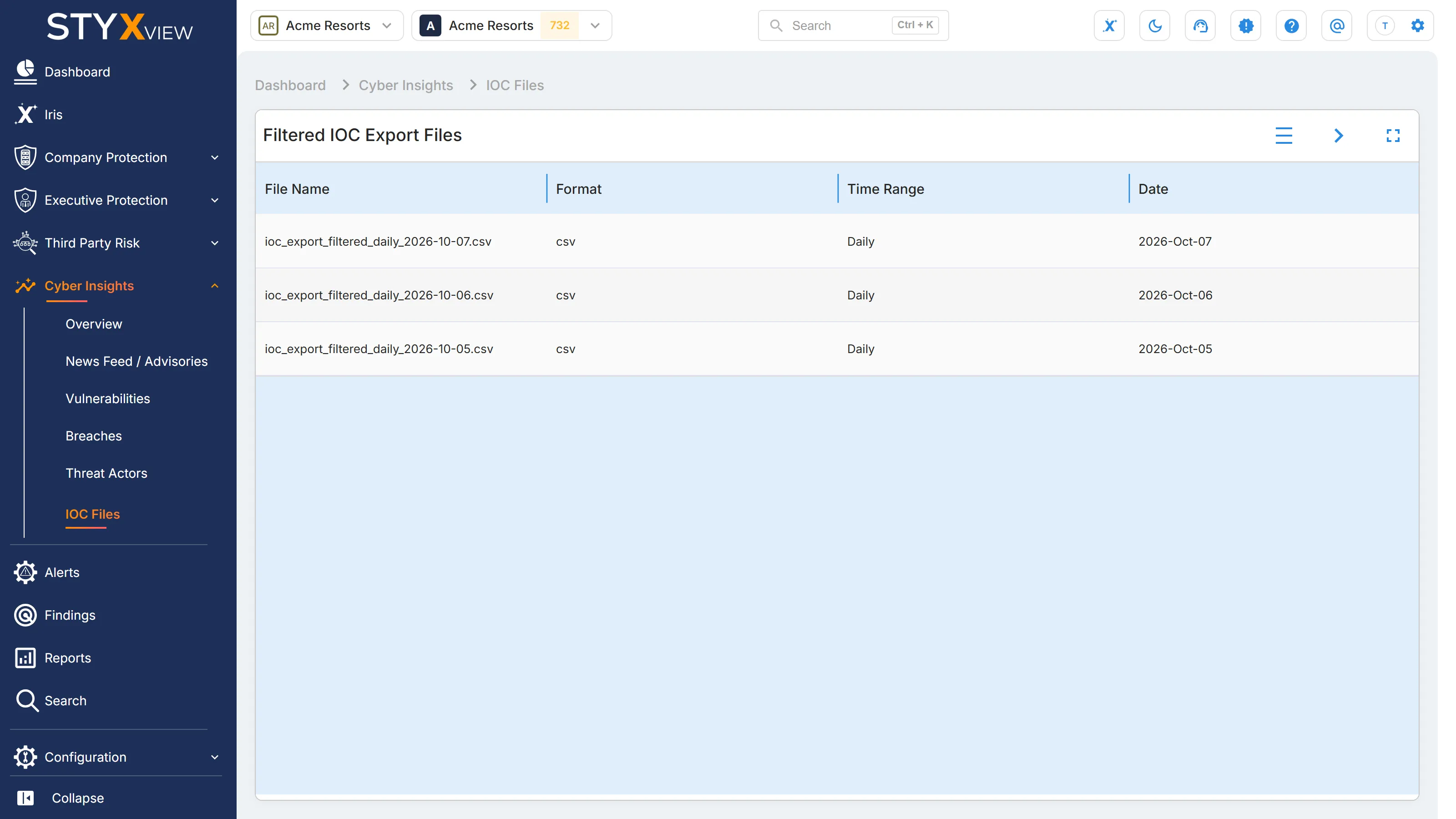 The "IOC Files" page, opening on the "Filtered IOC Export Files" table, with the arrow at its top right that opens the full list.