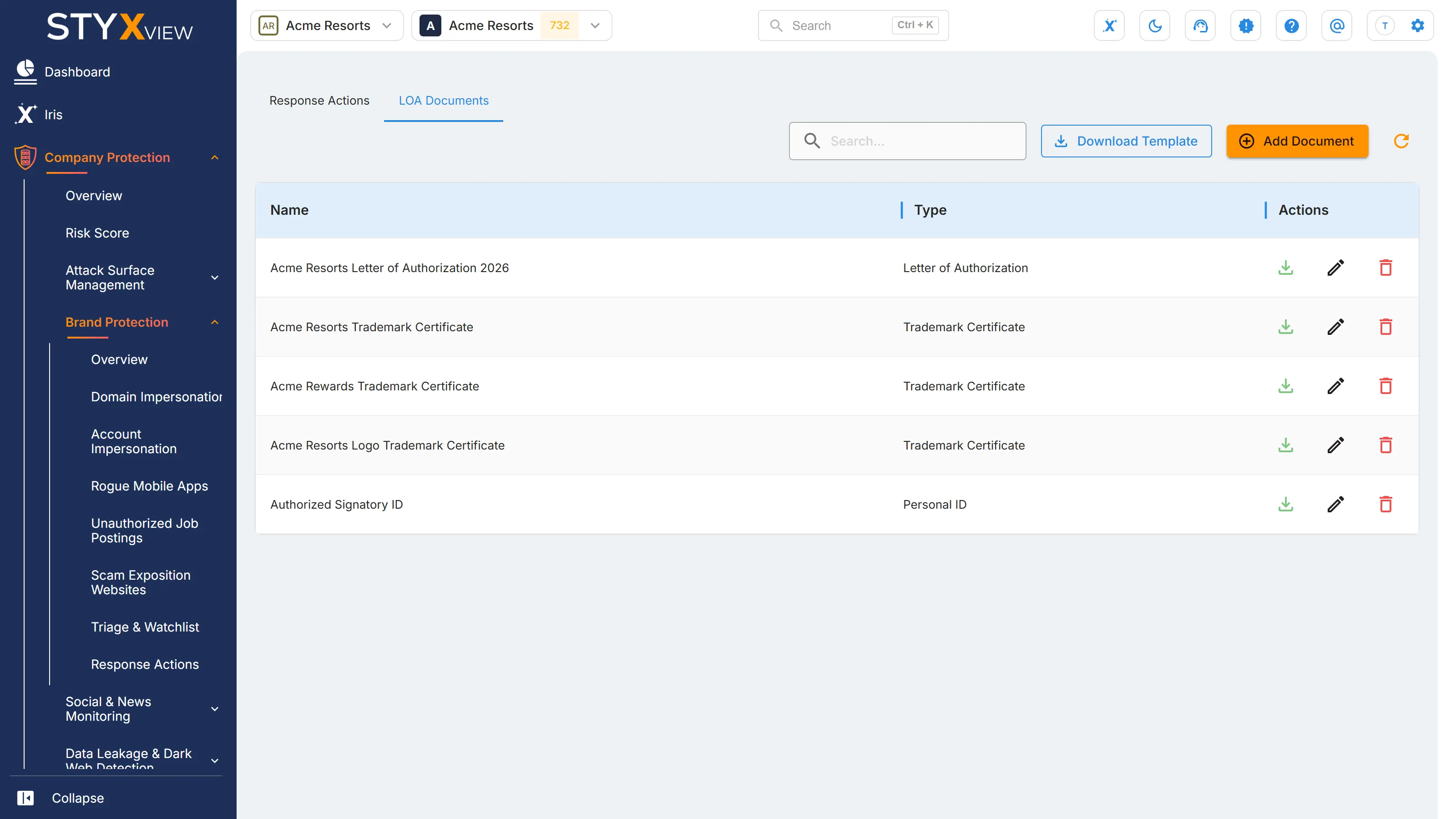 The "LOA Documents" tab, with "Download Template", "Add Document", and the documents listed by "Name", "Type", and "Actions".