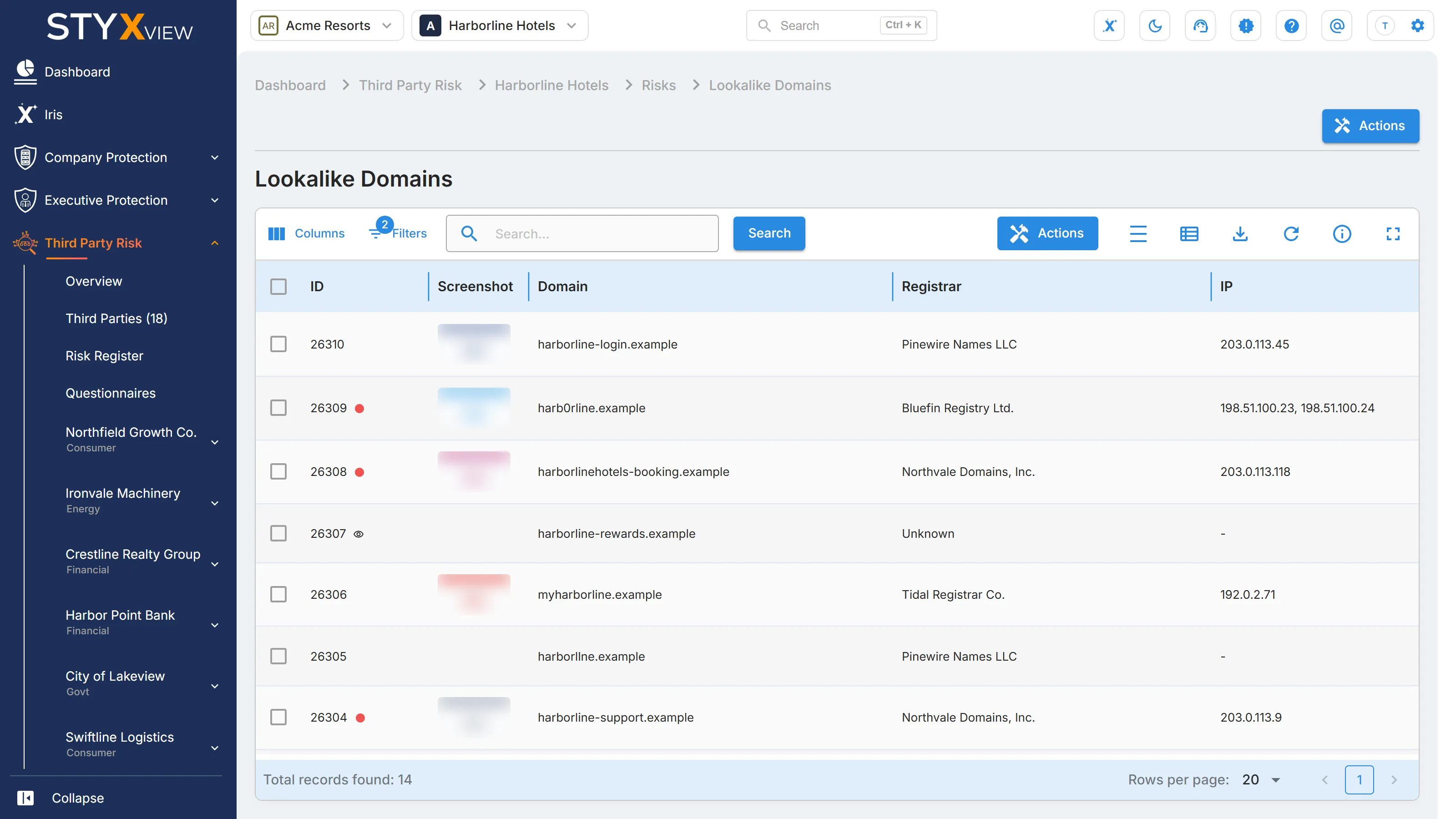 A third party's "Lookalike Domains" page with the domains that imitate its own, which could be used for phishing or impersonation.
