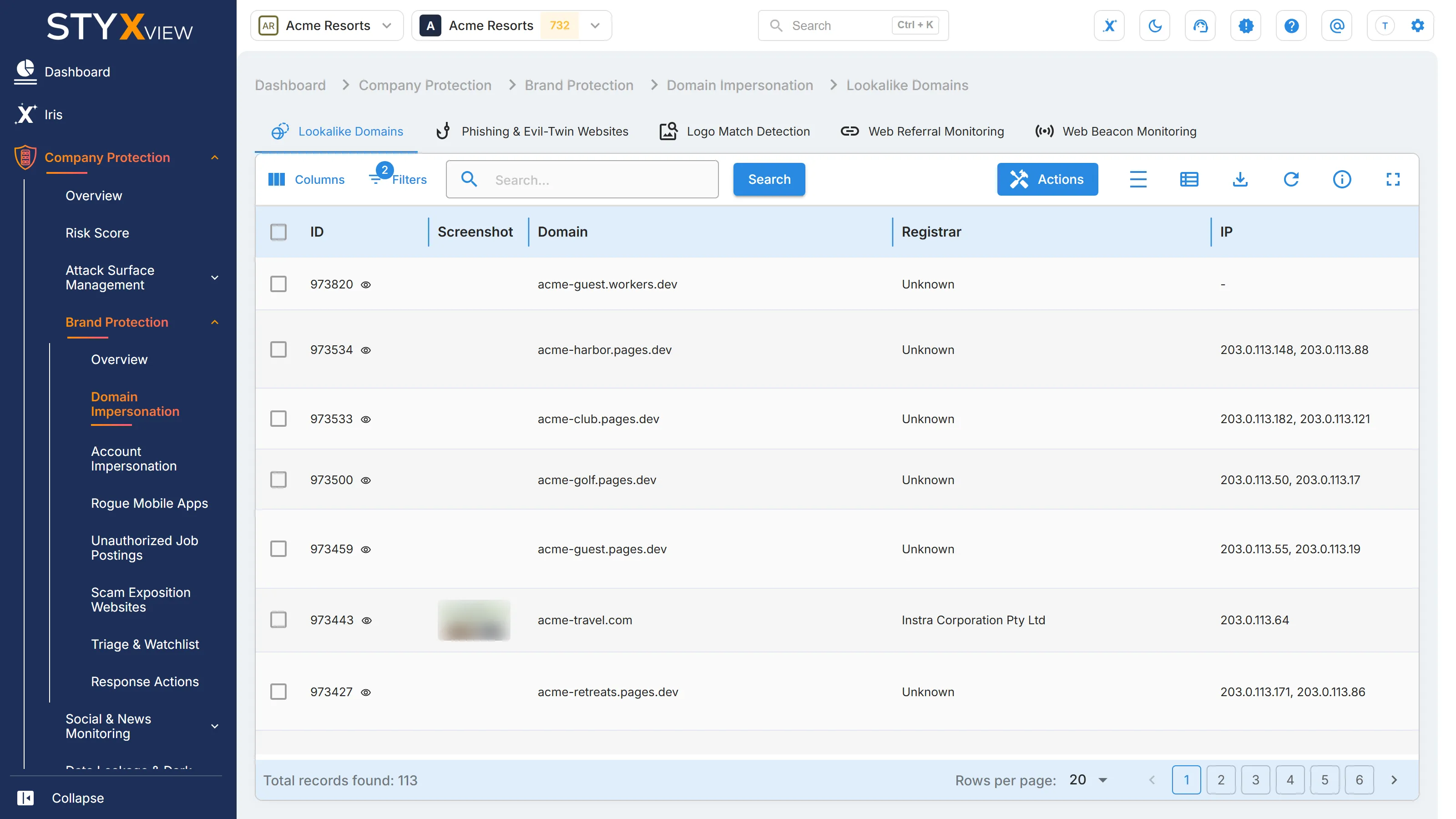 The "Lookalike Domains" tab under "Domain Impersonation", one of the lists where you can request a takedown for a finding.