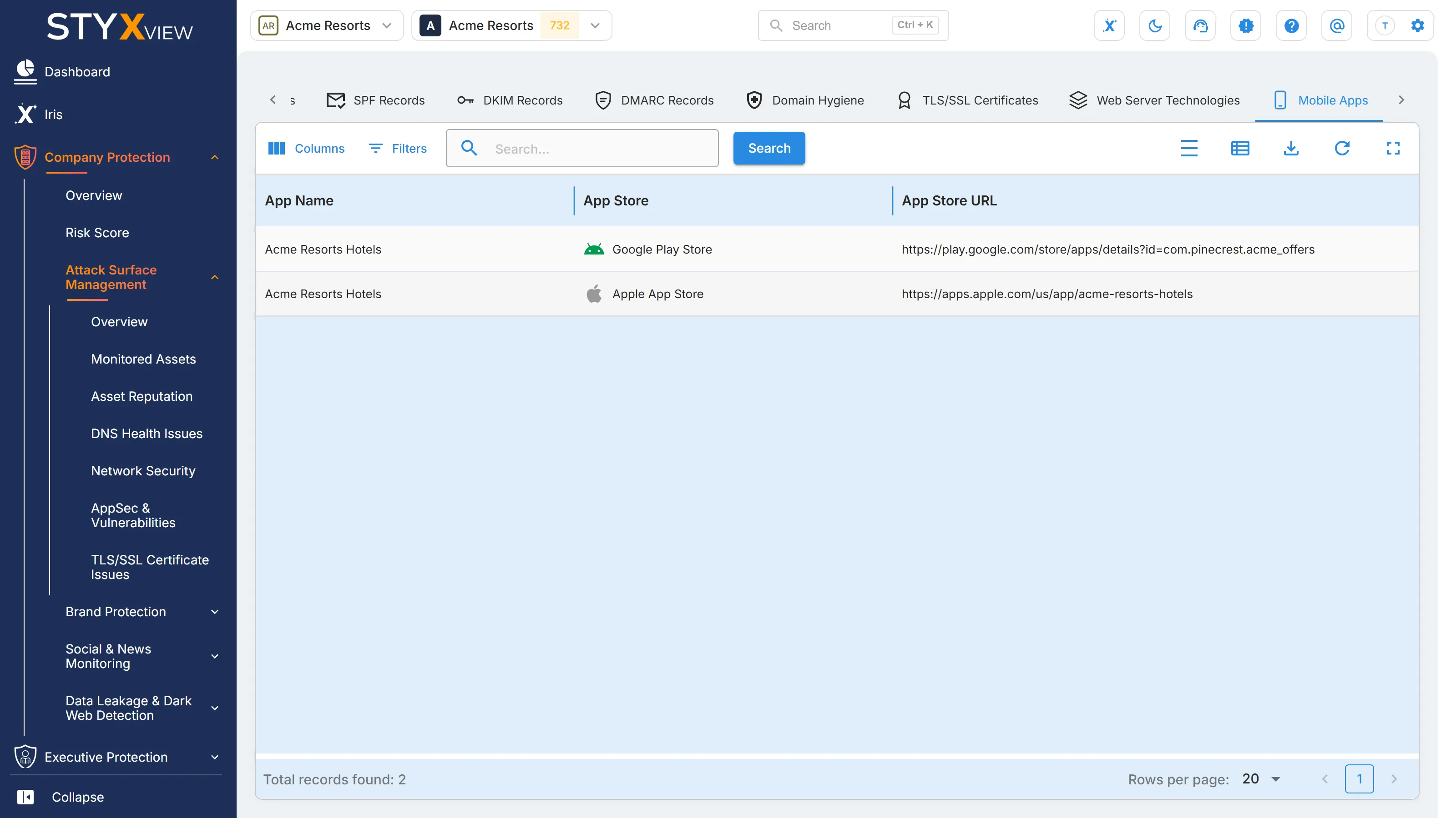 The "Mobile Apps" tab, listing each official app with its name, app store, and app store URL.