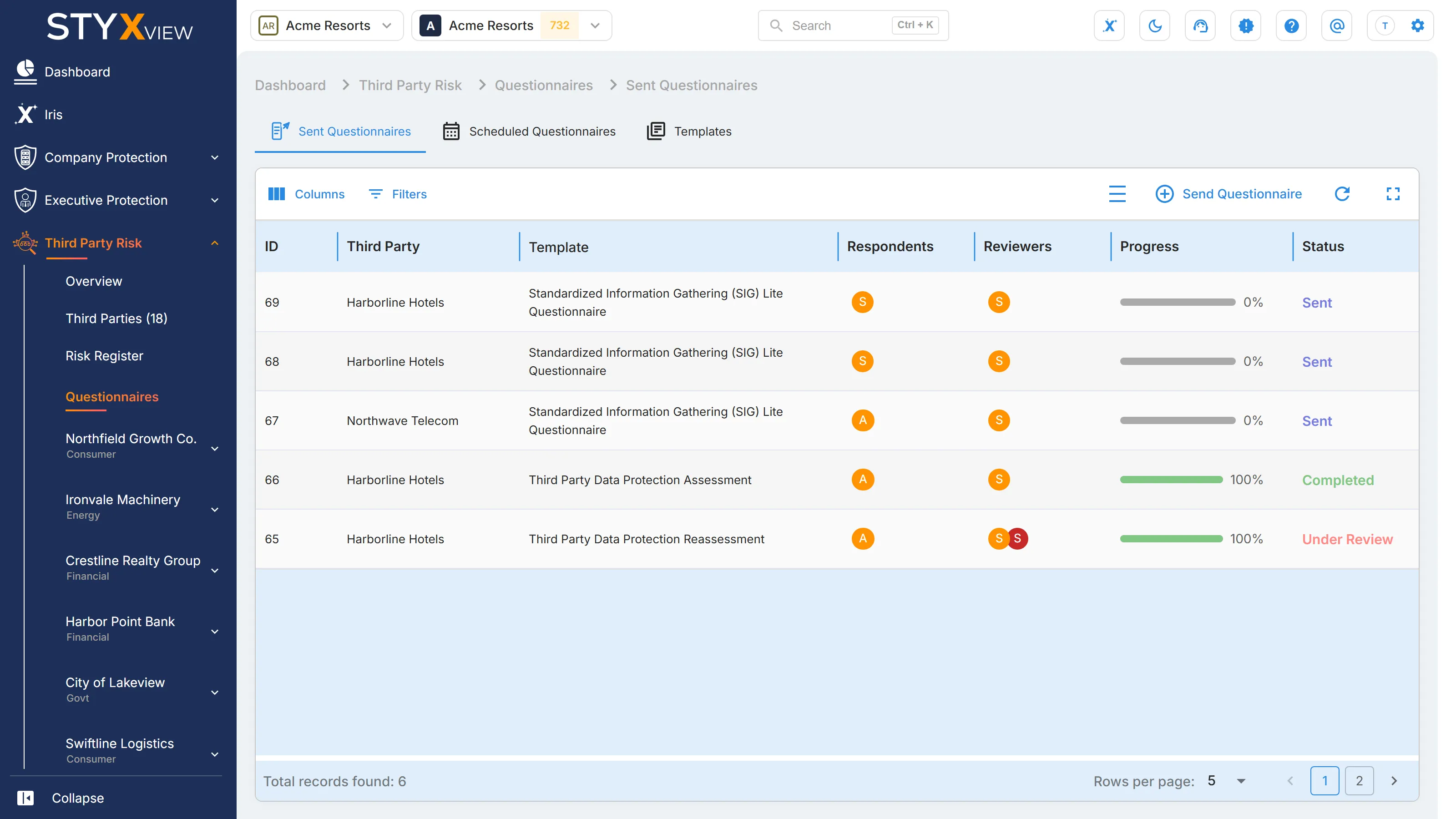The "Sent Questionnaires" tab, listing each questionnaire with its ID, third party, template, respondents, reviewers, progress, and status.